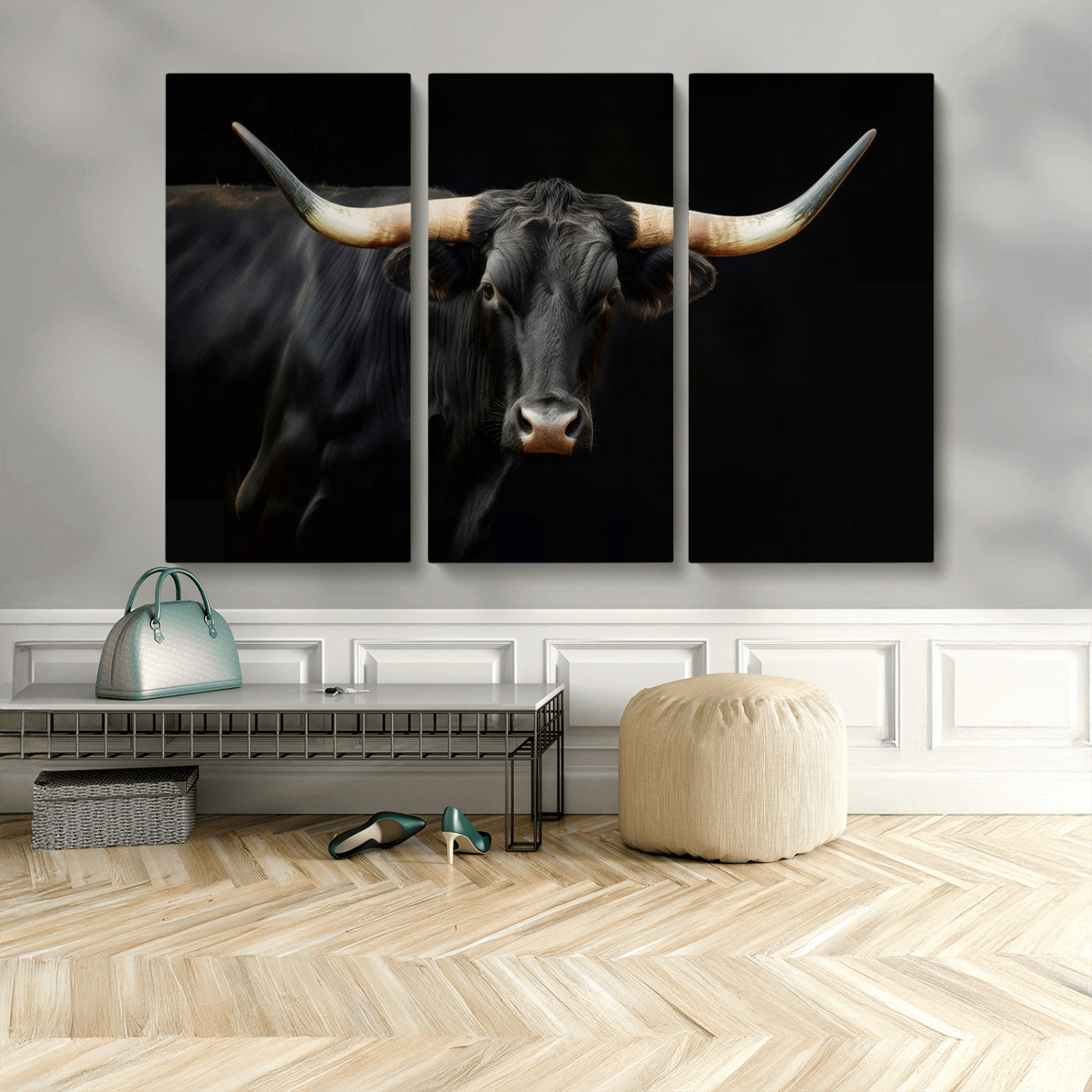 MGV-CV-48X32-3P - Texas Longhorn Cow | Majestic Black Bull Wall Art Canvas Print - Farmhouse Animal Decor - Ready to