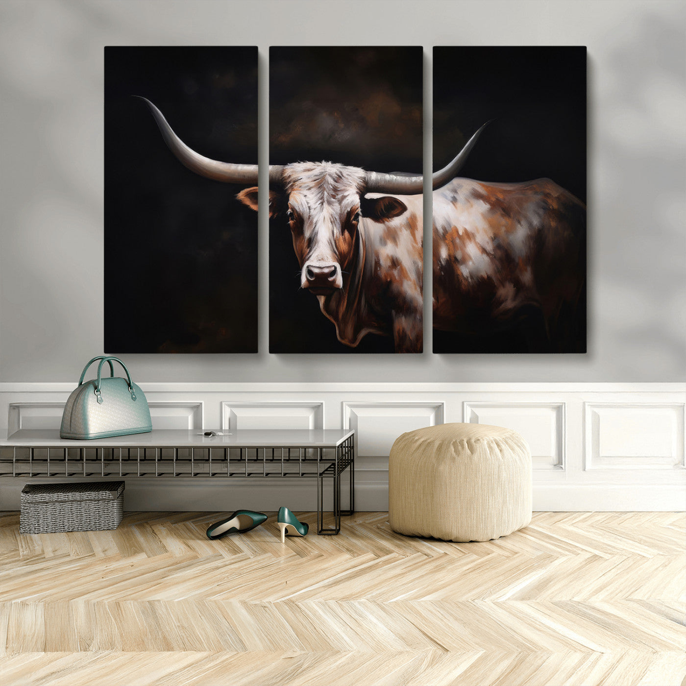 82543-MGV-CV-48X32-3P-Texas Longhorn Wall Art Canvas Print | Western Ranch Decor | Bold Rustic Cattle Artwork | Ready to