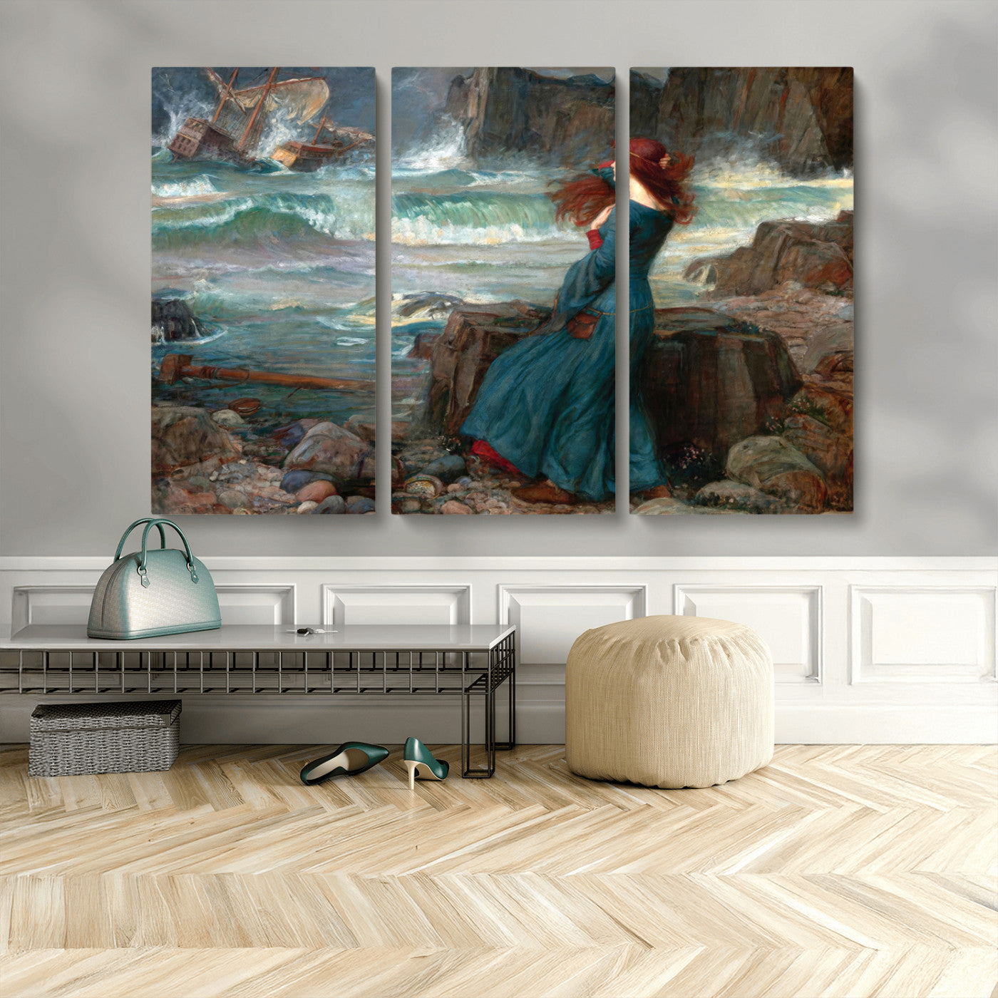 1-MGV-CV-48X32-3P-Miranda by the Shore Wall Art Canvas Print – Tempest Scene Ocean Storm – Ready to Hang