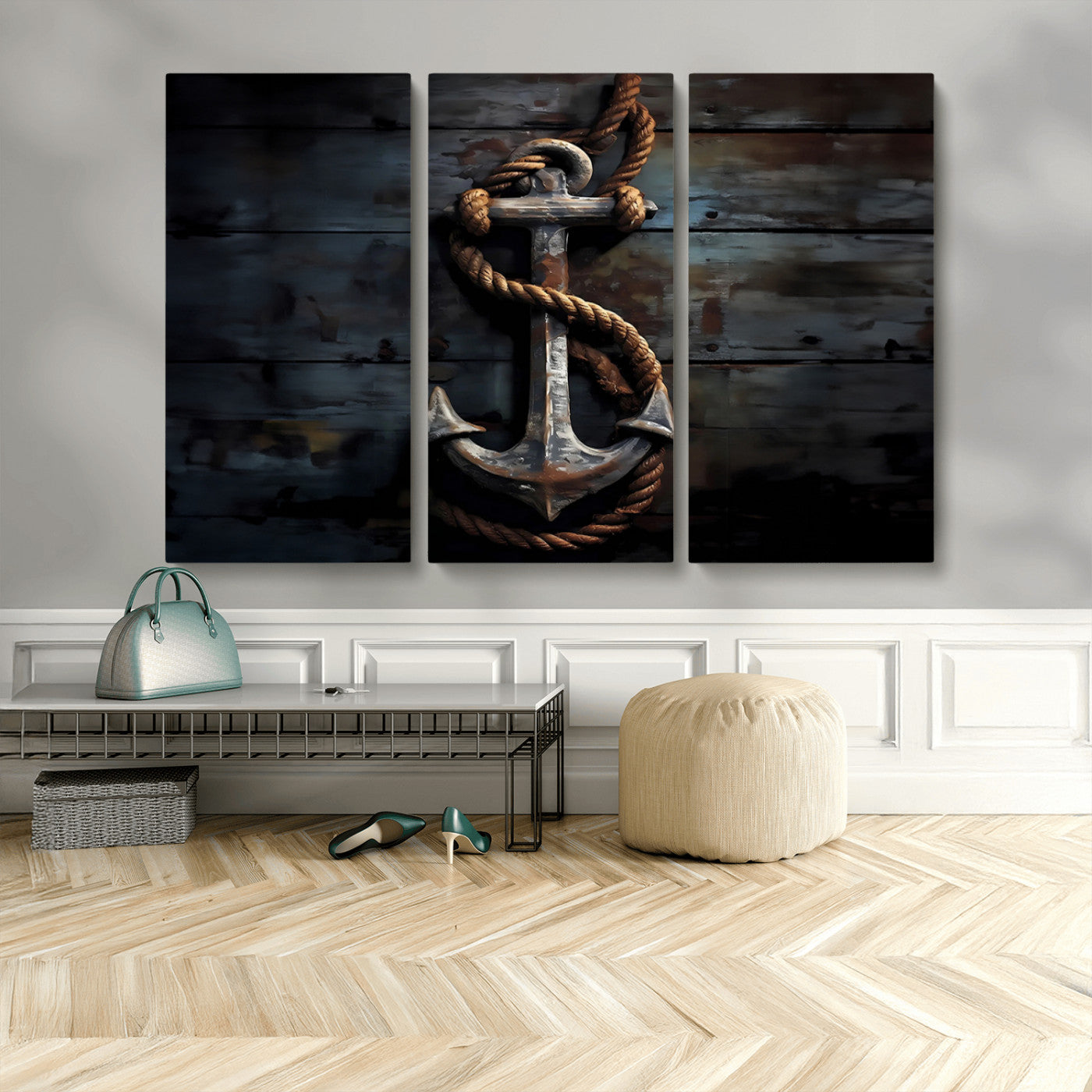 MGV-CV-48X32-3P - 3 Panel Grunge Abstract Anchor Wall Art Canvas Print Set