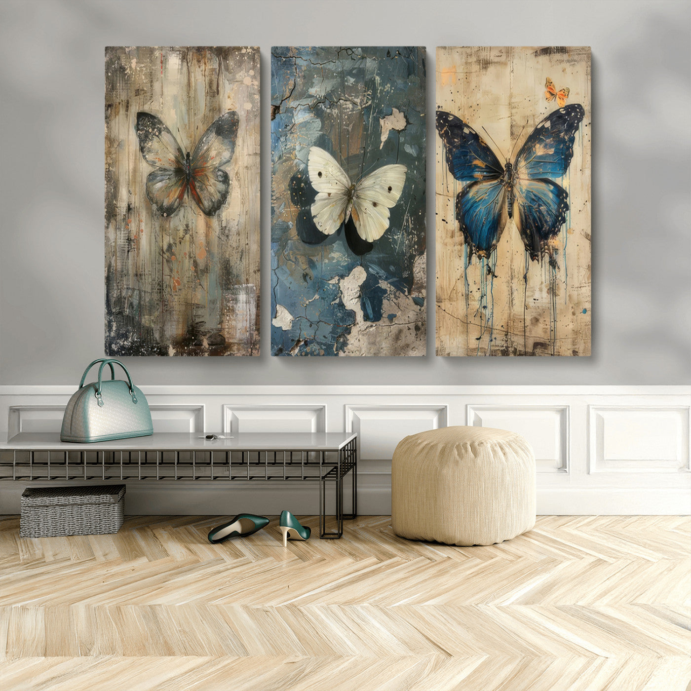 MGV-CV-48X32-3P - Butterfly Wall Art Trio | Vintage Butterfly Canvas Print | Ready to Hang Framed Artwork for