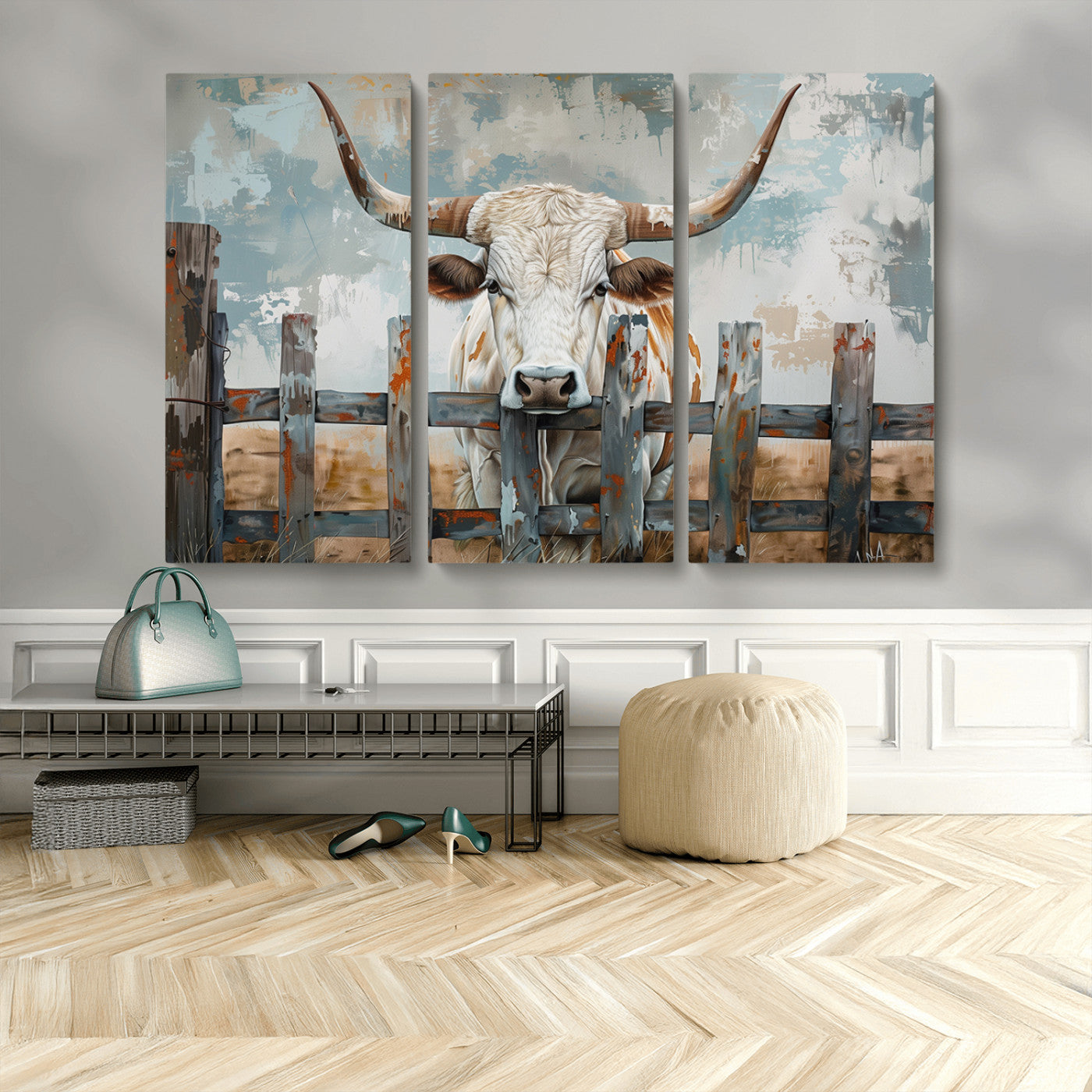 MGV-CV-48X32-3P - Vintage Cow Wall Art Canvas Print for Farmhouse Wall Decor Theme, Cattle Wall Art Print