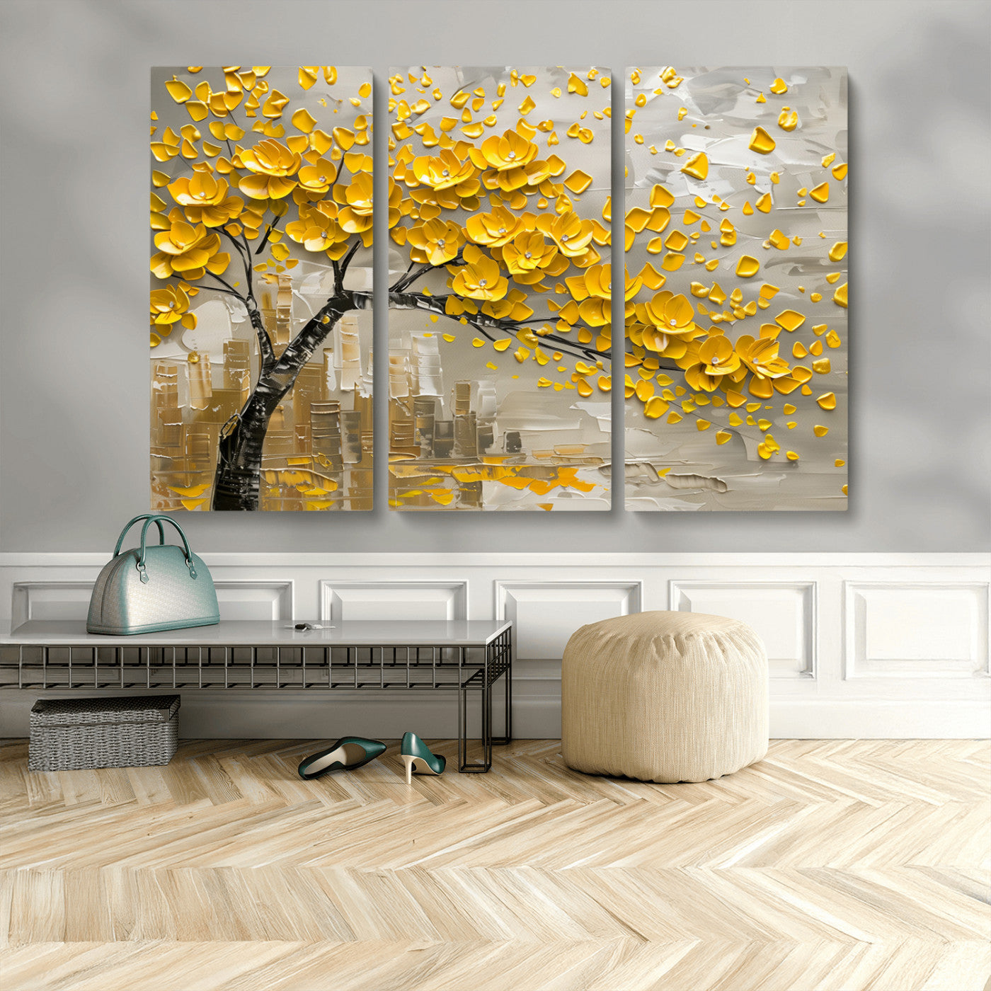 MGV-CV-48X32-3P - Yellow Blossom Tree Canvas Wall Art - Floral Abstract Modern Contemporary Artwork for Living Room or