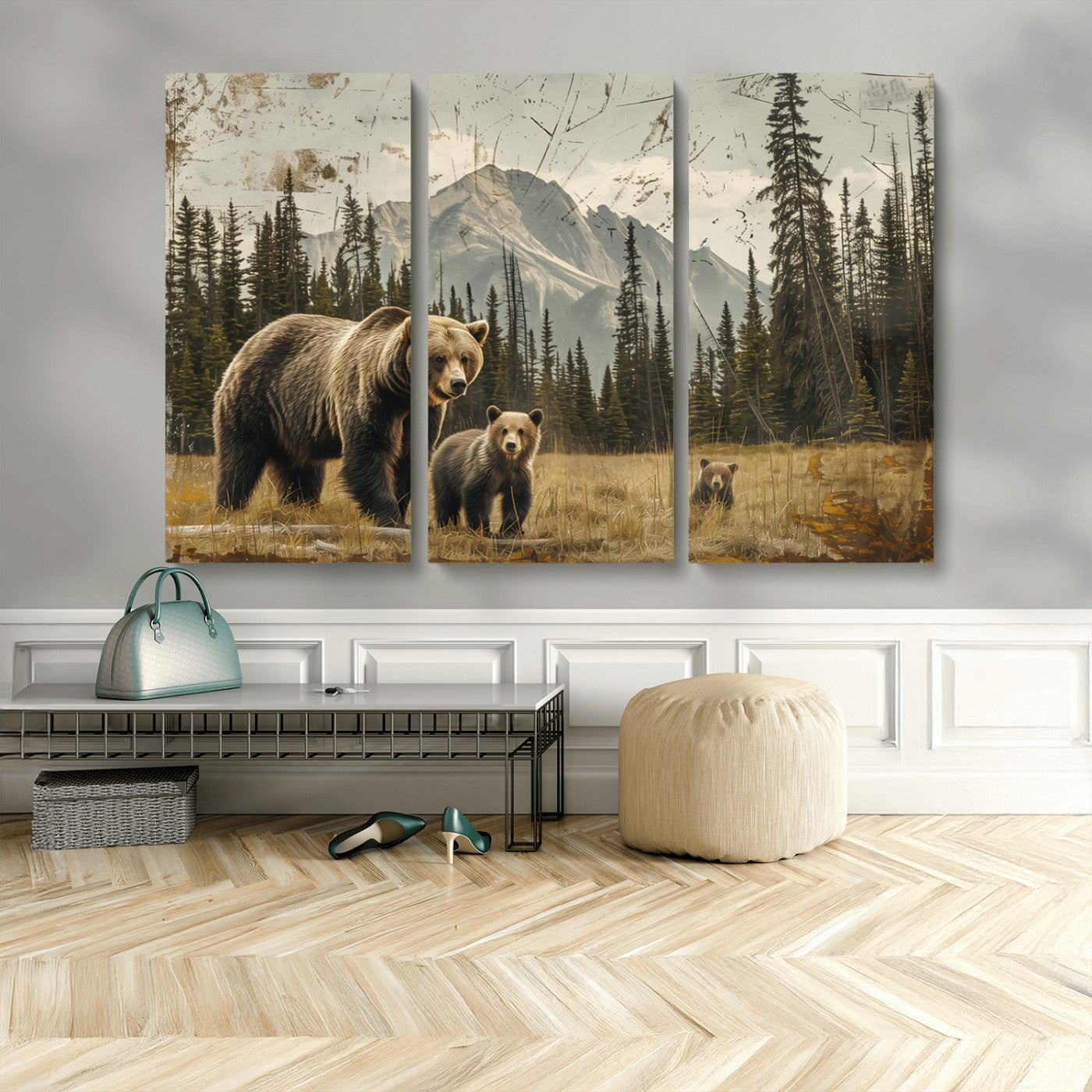 MGV-CV-48X32-3P - Rustic Grizzly 399 Bear Family Wall Art Canvas Print