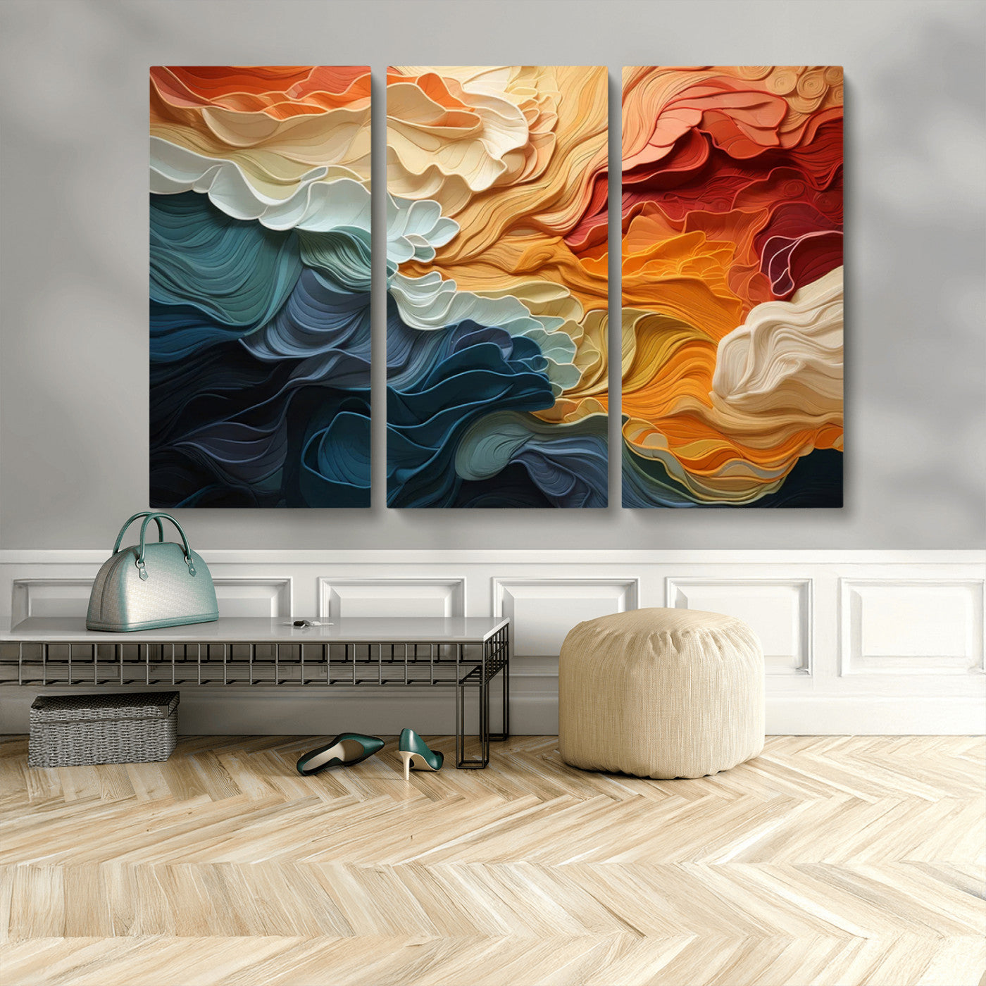 MGV-CV-48X32-3P - Blue Orange Abstract Wave Wall Art Canvas Print, Framed Blue Orange Wave Wall Art