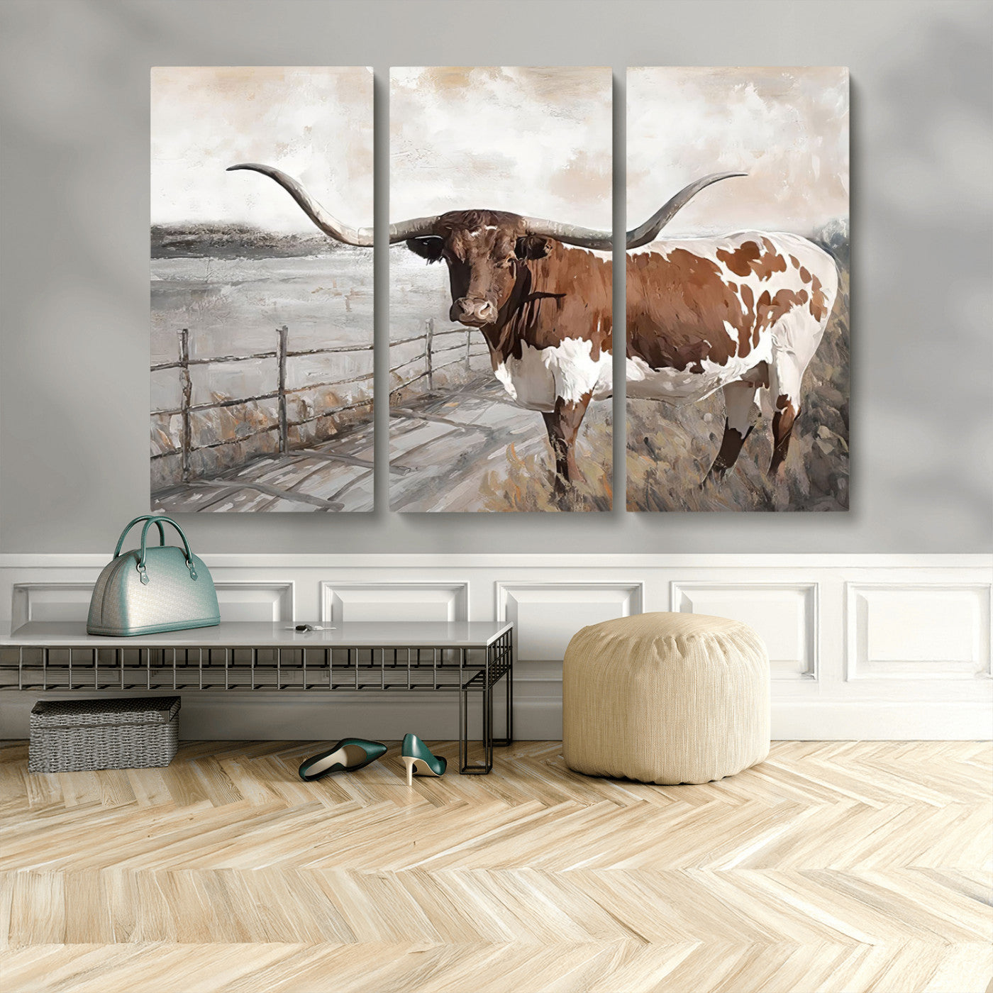 57340-MGV-CV-48X32-3P-Vintage Texas Cow Wall Art Canvas Print, Rustic Longhorn Wall Art | Canvas Print for Farmhouse Decor