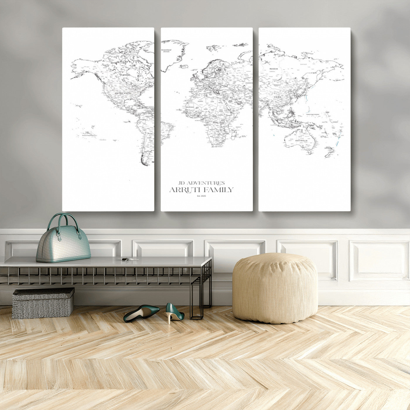 MGV-CV-48X32-3P - Custom World Map Wall Art – Personalized Framed Canvas Print with Push Pins for Travel Tracking,