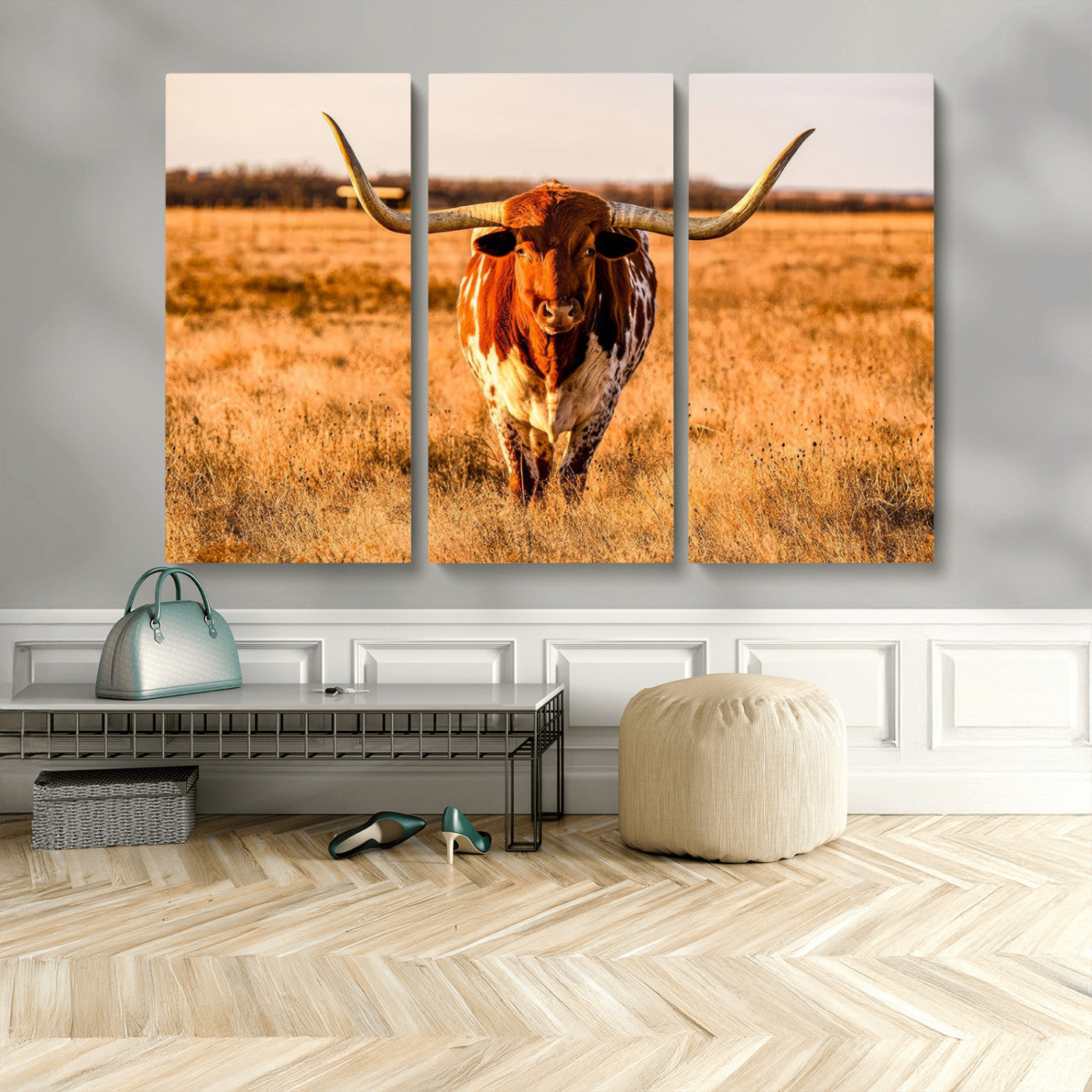 MGV-CV-48X32-3P - Longhorn Cow Wall Art | Ready to Hang Framed Canvas Print for Farmhouse and Barn Decor