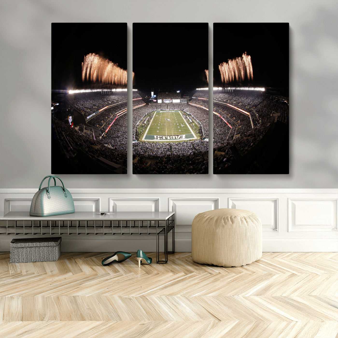 48893-MGV-CV-48X32-3P-Eagles Field Stadium Wall Art - Lincoln Financial Field Fireworks Game Triple Canvas Wall Art -