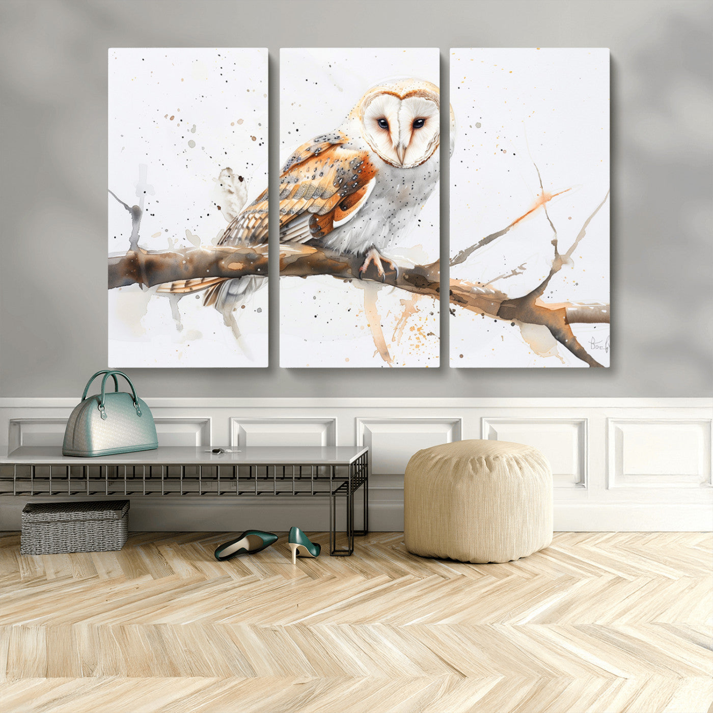 MGV-CV-48X32-3P - Barn Owl Wall Art on Branch | Stunning Canvas Print for Nature Lovers | Ready to Hang and Framed