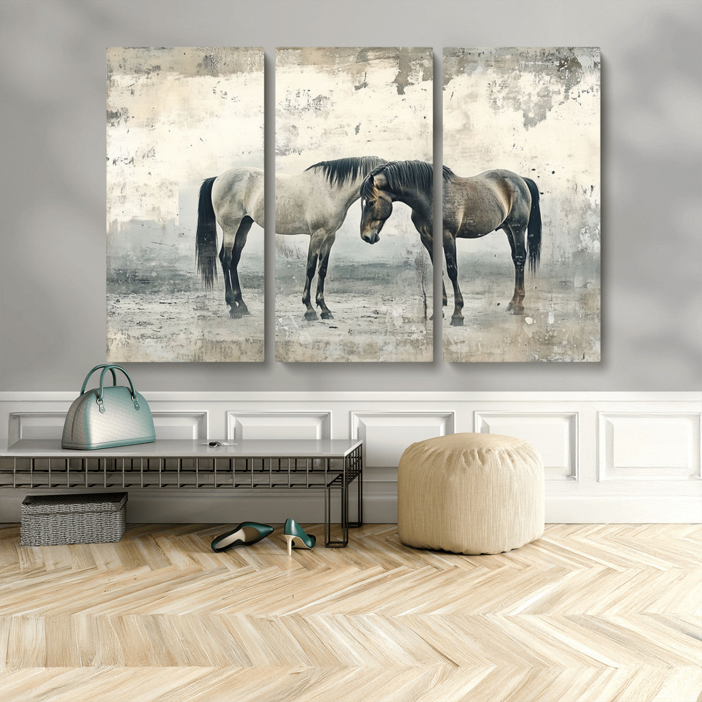 MGV-CV-48X32-3P - Chines Style Majestic Horses Wall Art | Ready to Hang and Framed Triptych Print | Western Farmhouse