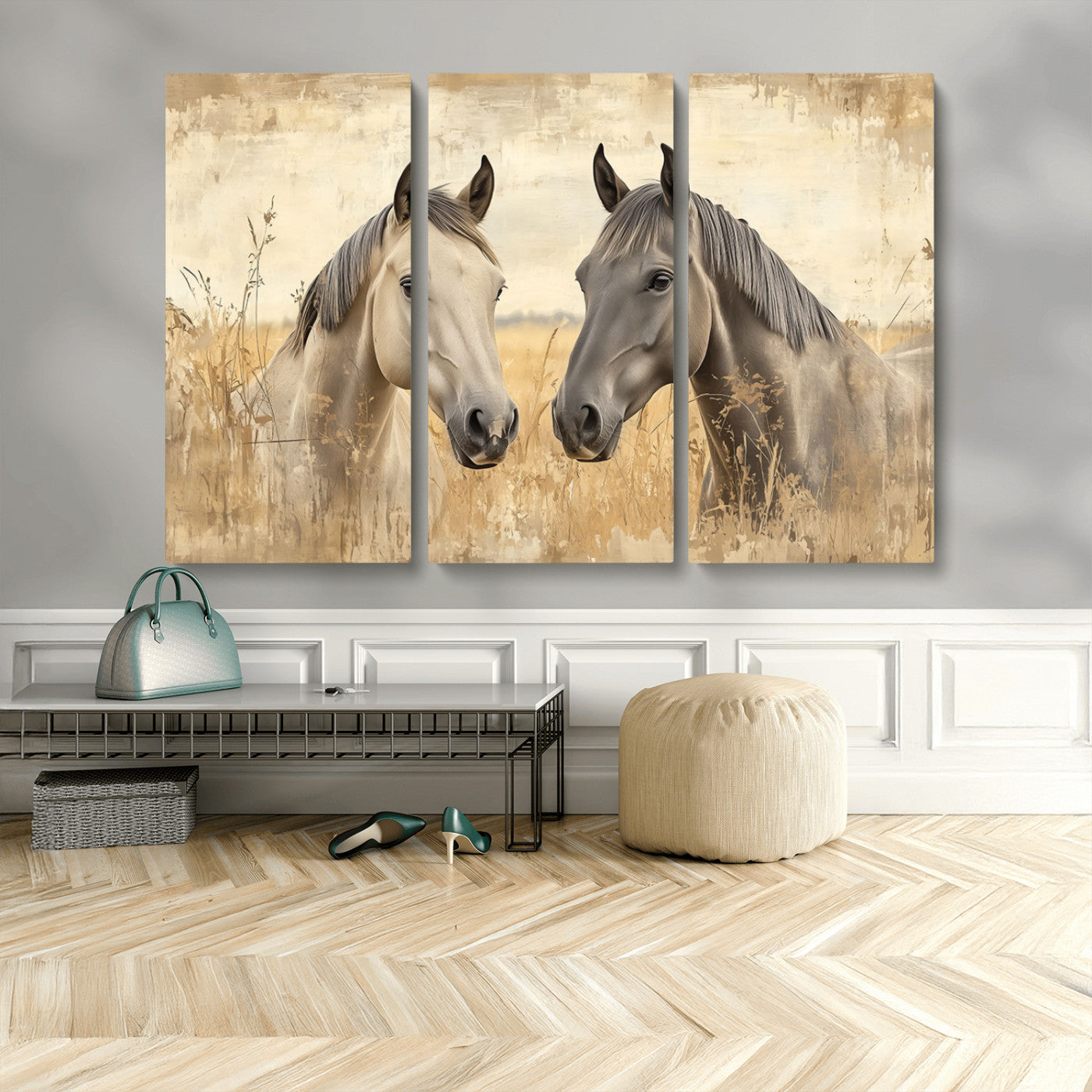 MGV-CV-48X32-3P - Chines Ink Style Grunge Horses Wall Art Canvas Print