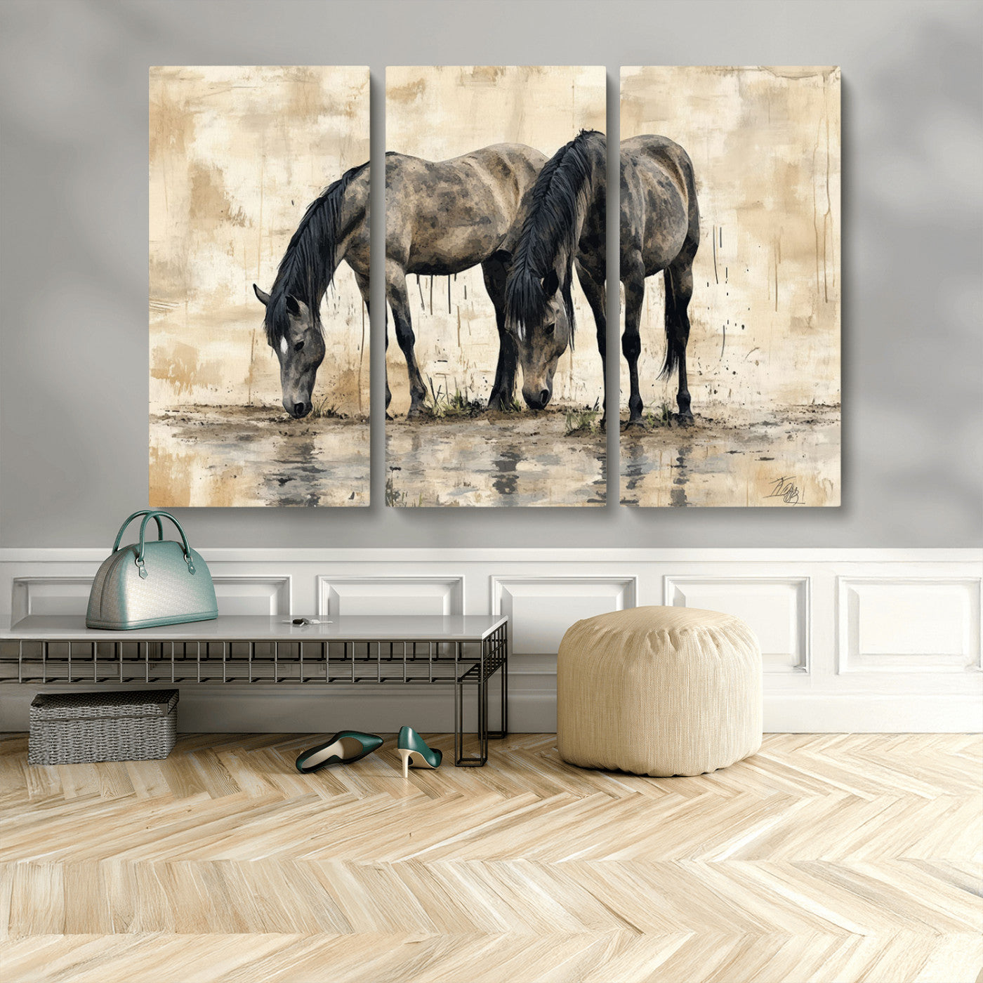 MGV-CV-48X32-3P - Chinese Style Abstract Black Horses Wall Art Canvas Print - Abstract Horse Wall Art Canvas Print