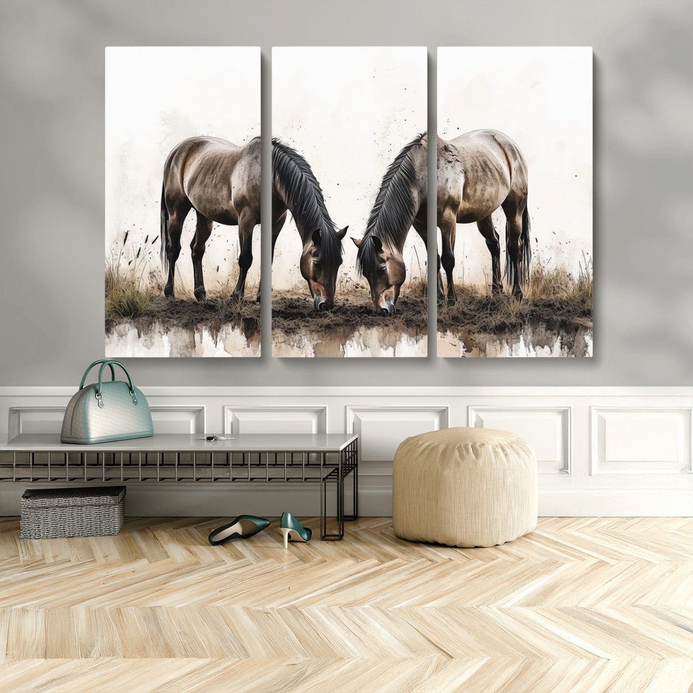MGV-CV-48X32-3P - Chines Ink Style Horses Wall Art Canvas Print