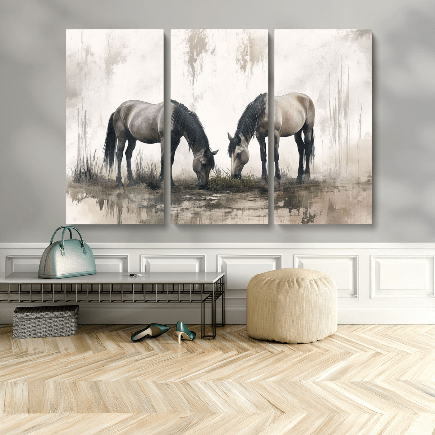 MGV-CV-48X32-3P - Chines Ink Style Vintage Horses Wall Art Canvas Print for Farmhouse Wall Decor