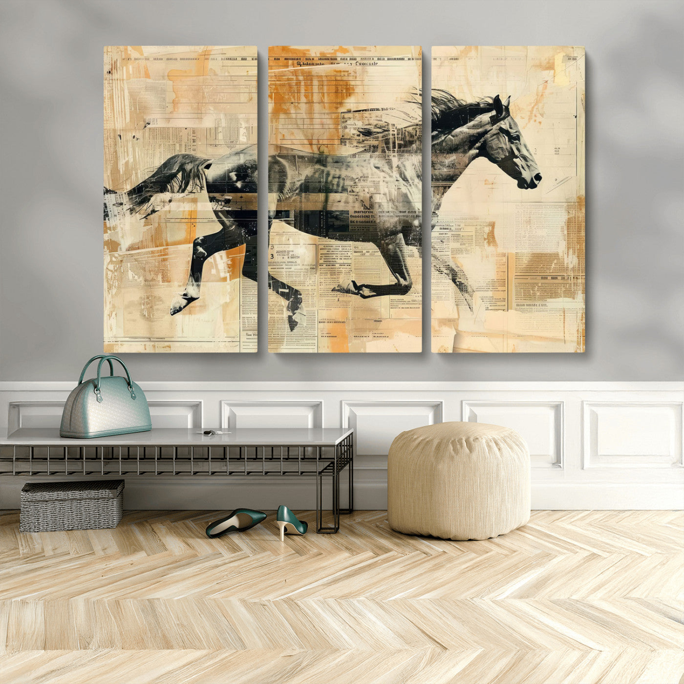 MGV-CV-48X32-3P - Chines Style Running Horse Western Wall Art | Farmhouse Wall Decor | Ready to Hang Framed Canvas