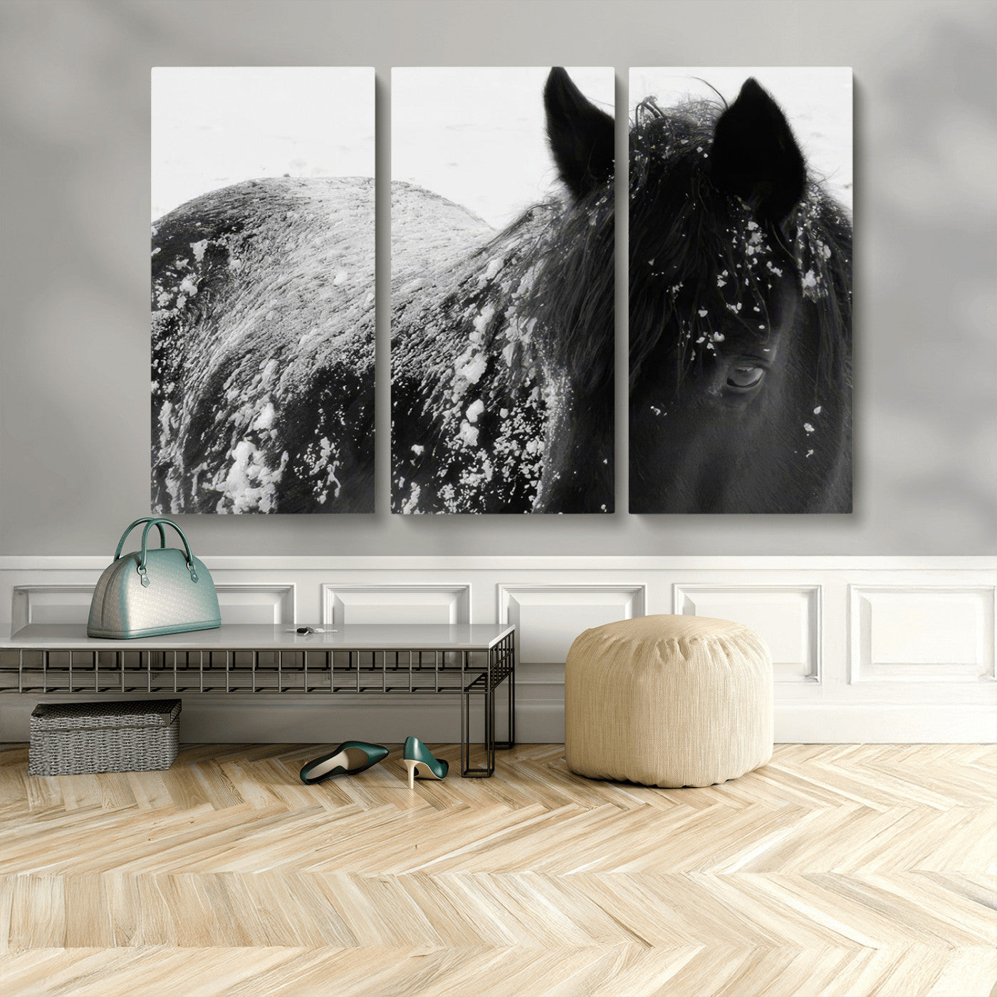 MGV-CV-48X32-3P - Black Horse in Snow Canvas Print | Winter Horse Wall Art | Ready to Hang and Framed | Farmhouse Wall