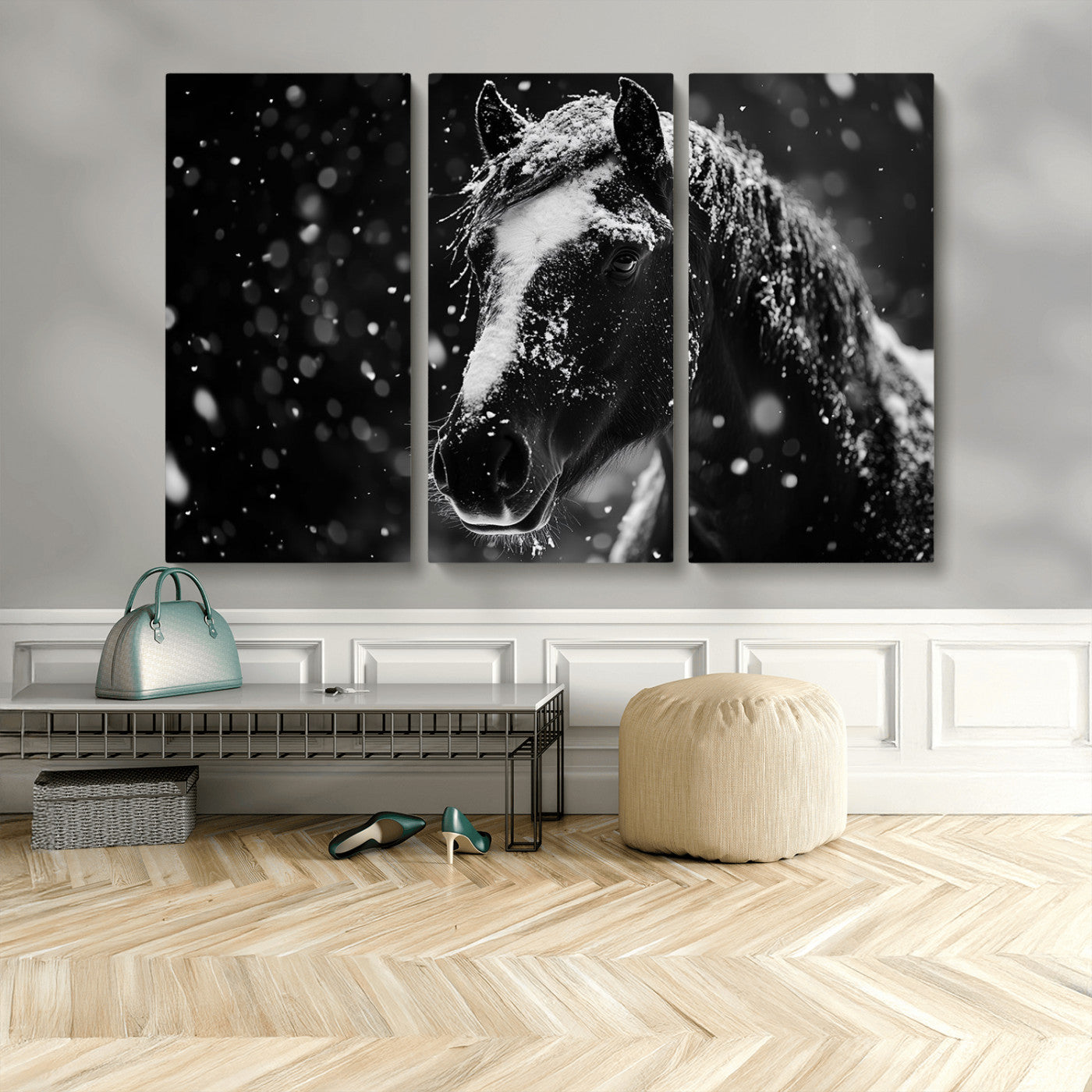 MGV-CV-48X32-3P - Winter Horse Wall Art | Black and White Horse Print | Ready to Hang and Framed | Farmhouse Wall Art