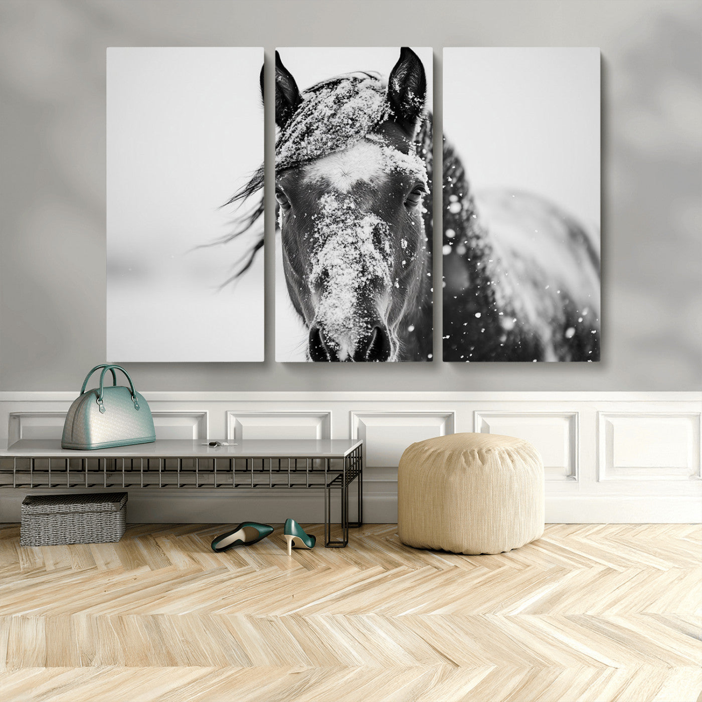 MGV-CV-48X32-3P - Western Wall Art | Black and White Winter Horse Wall Art | Ready to Hang and Framed | Farmhouse and