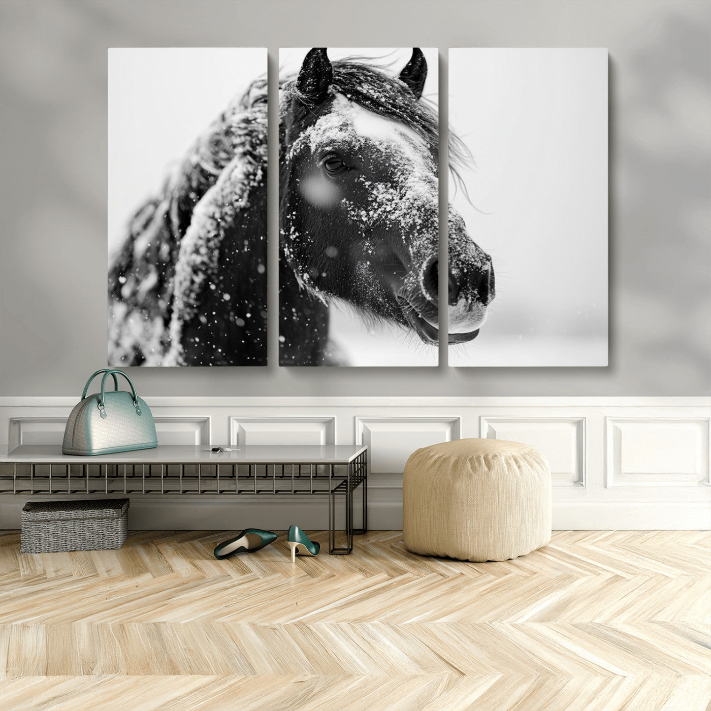 MGV-CV-48X32-3P - Winter Horse Canvas Print | Large 3-Panel Black White Equine Photography for Rustic Farmhouse Wall