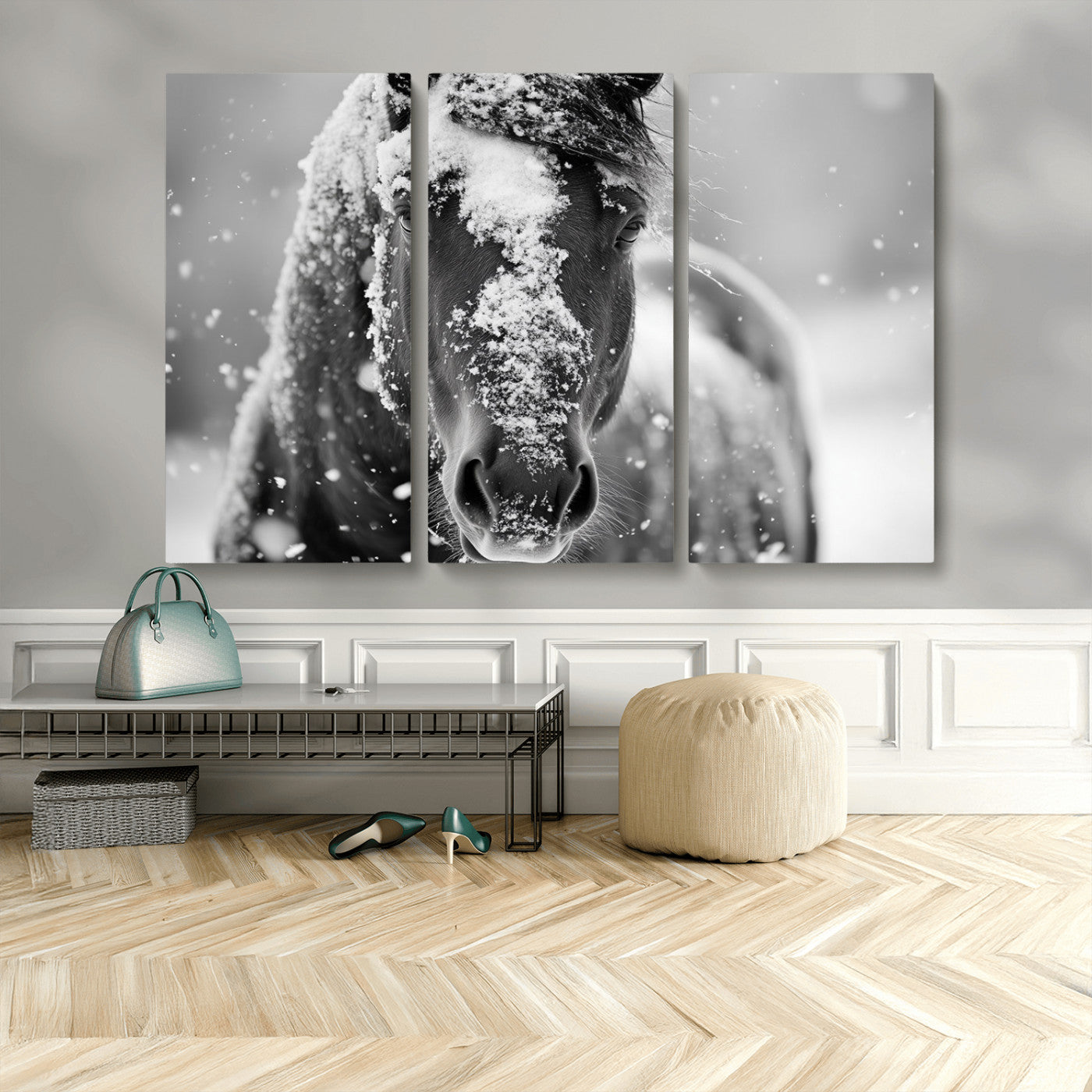 MGV-CV-48X32-3P - Black and White Horse Winter Wall Art | Ready to Hang and Framed | Farmhouse Wall Decor | Western