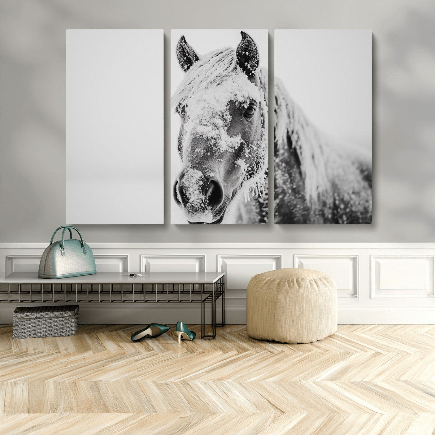 MGV-CV-48X32-3P - White Horse Wall Art | Ready to Hang and Framed | Winter Horse Wall Art Print for Farmhouse and