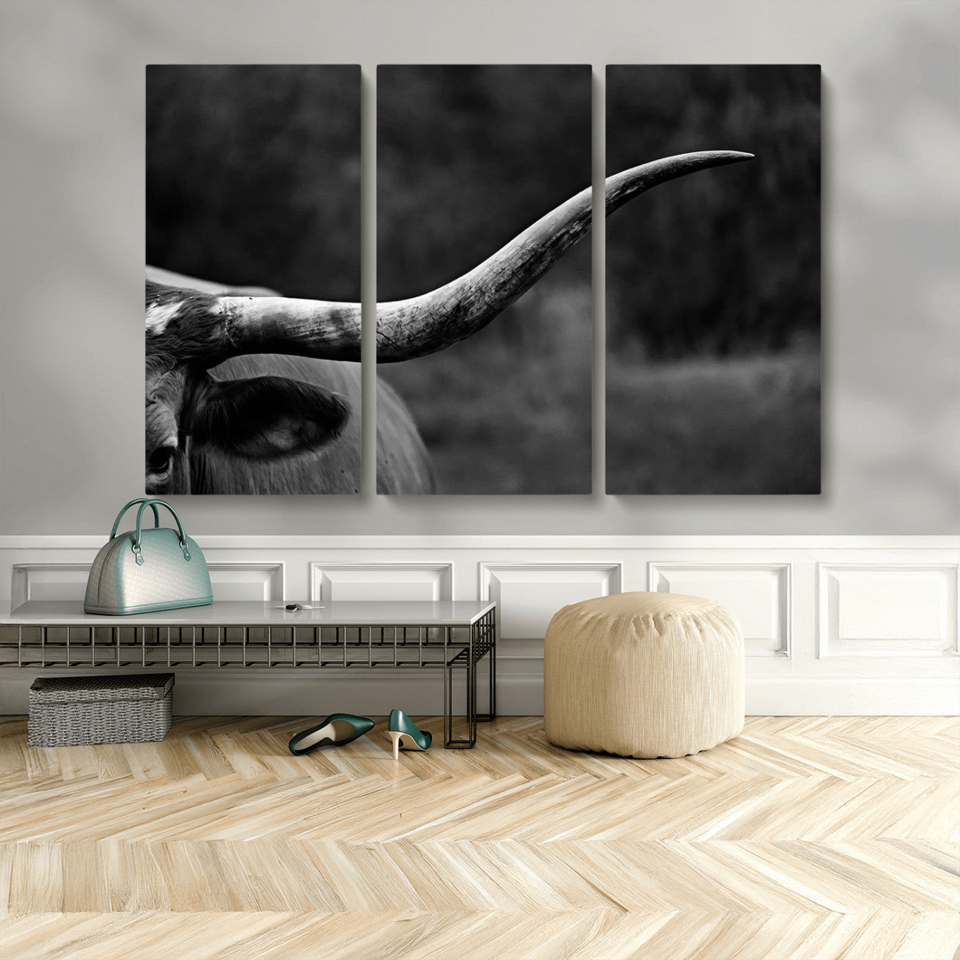 MGV-CV-48X32-3P - Cow Longhorn Wall Art | Black and White Print | Ready to Hang and Framed | Farmhouse Wall Decor |