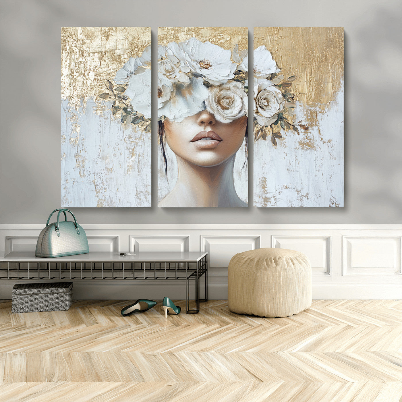 MGV-CV-48X32-3P - Golden Petal Wall Art - Canvas Print Flower Head Woman Painting Floral Woman Portrait Wall Decor,