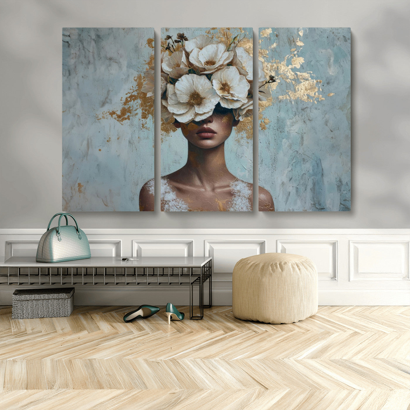 MGV-CV-48X32-3P - Golden Petal Wall Art - Petal Silhouette Woman Wall Art Canvas Print | Large 3-Panel Canvas with