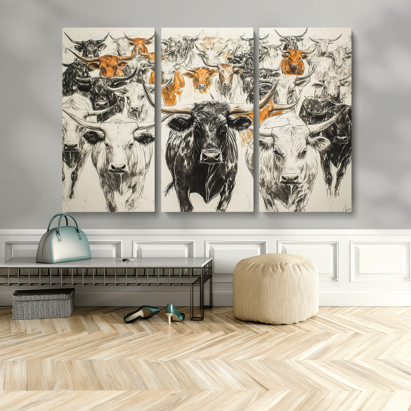 MGV-CV-48X32-3P - Texas Longhorn Wall Art - Herd Canvas Wall Art Print - Abstract Cow Drawing Wall Art Print for