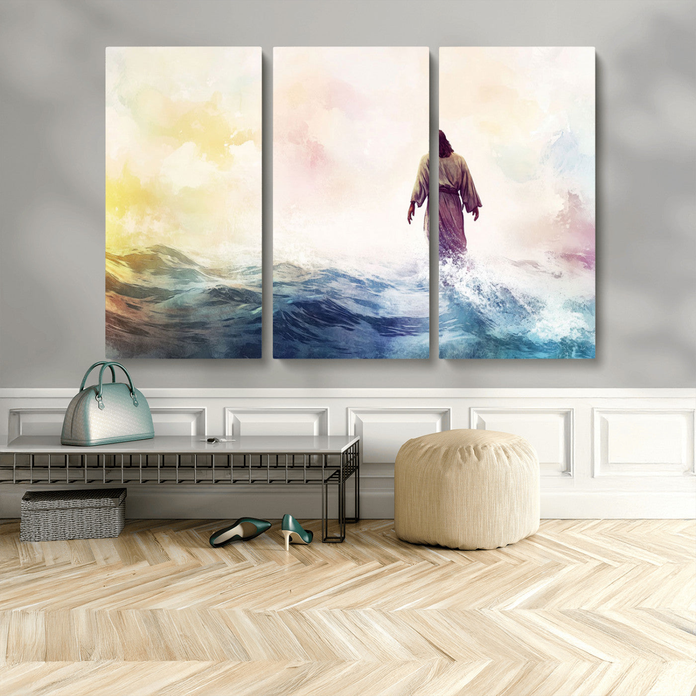 MGV-CV-48X32-3P - Watercolor Jesus Walking on Water Canvas Print, Christian Wall Art, Jesus Christ Walking