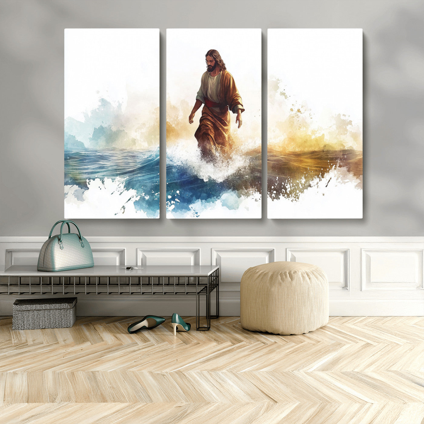 MGV-CV-48X32-3P - Watercolor Jesus Walking Wall Art Print, Jesus Water Canvas Print, Christian Wall Art, Jesus Christ