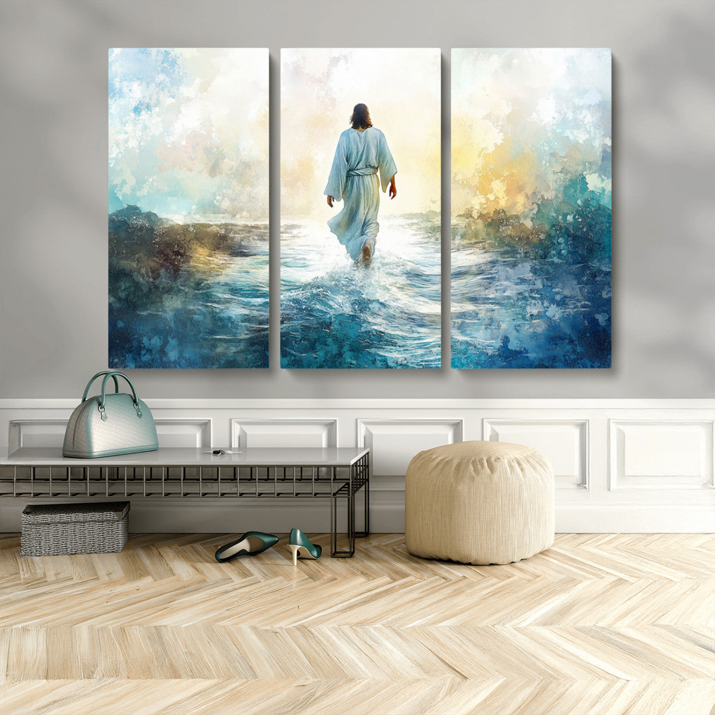 MGV-CV-48X32-3P - Watercolor Jesus Walking on Water Canvas Print, Christian Wall Art, Jesus Christ Walking