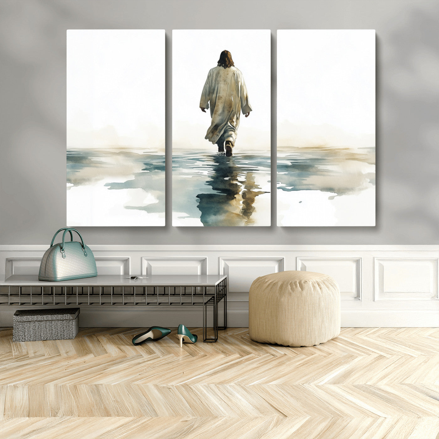 MGV-CV-48X32-3P - Watercolor Jesus Walking on Water Canvas Print, Christian Wall Art, Jesus Christ Walking
