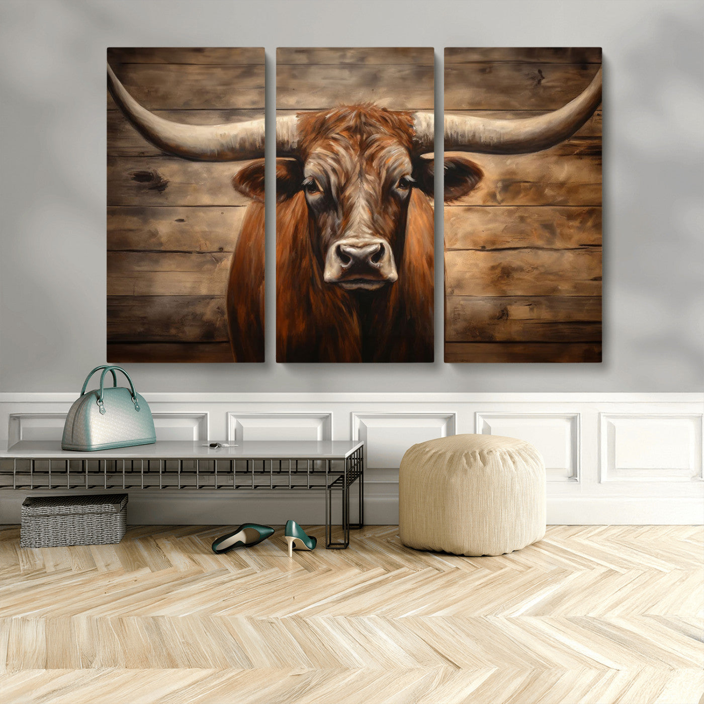 77556-MGV-CV-48X32-3P-Longhorn Bull Wall Art | Canvas Print | Ready to Hang | Rustic Farmhouse Wall Decor | Western Barn