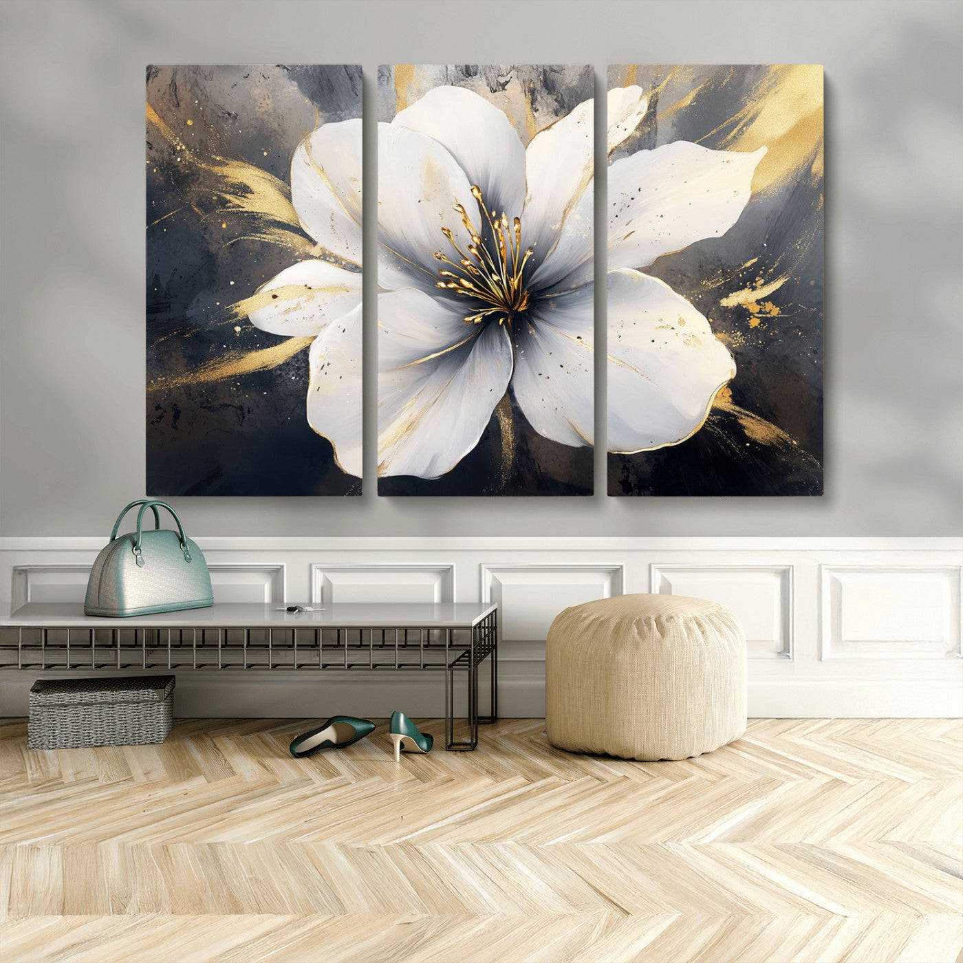 MGV-CV-48X32-3P - White Flower Wall Art Canvas Print | Ready to Hang | Abstract Floral Wall Decor | Elegant Bloom