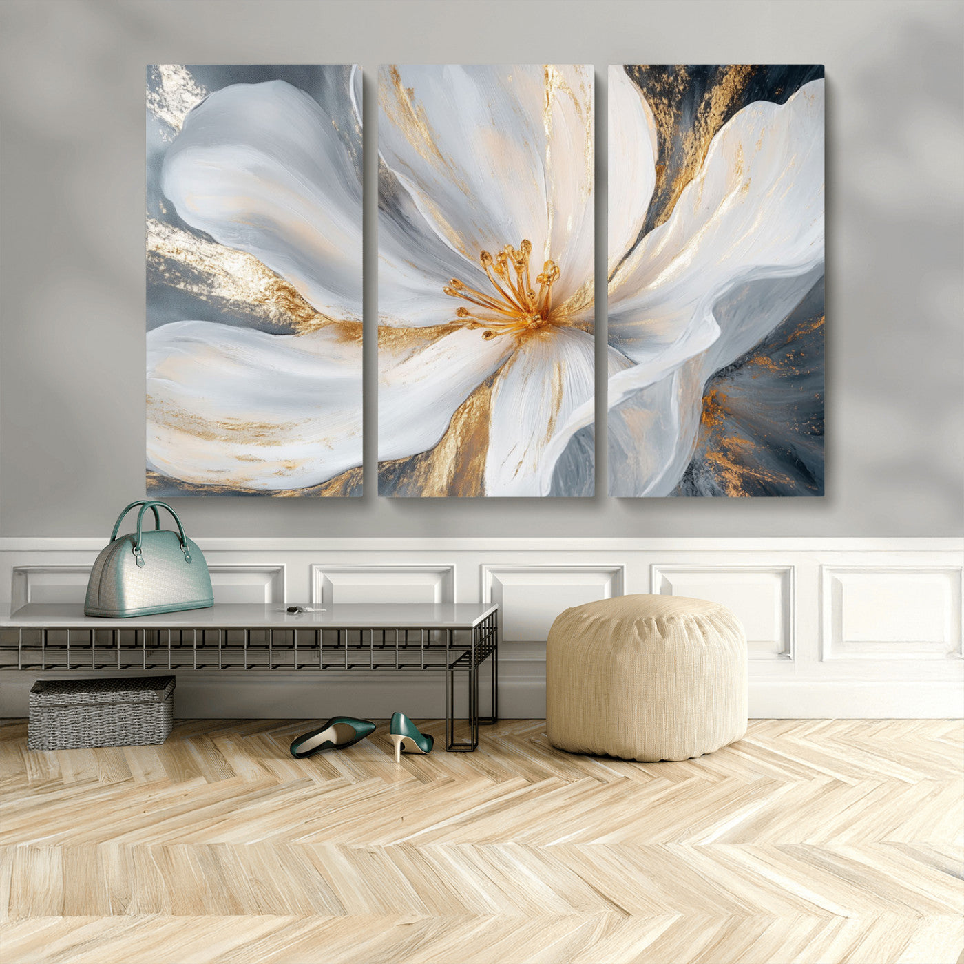 MGV-CV-48X32-3P - White and Gold Floral Canvas Wall Art - Framed and Ready to Hang - Perfect for Modern Living Rooms
