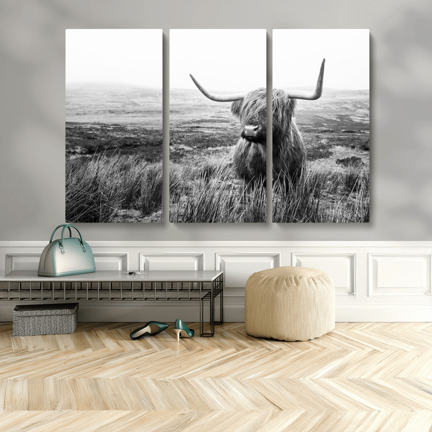 MGV-CV-48X32-3P - Scottish Highland Cow Wall Art | Black and White Canvas Print | Ready to Hang and Framed | Rustic