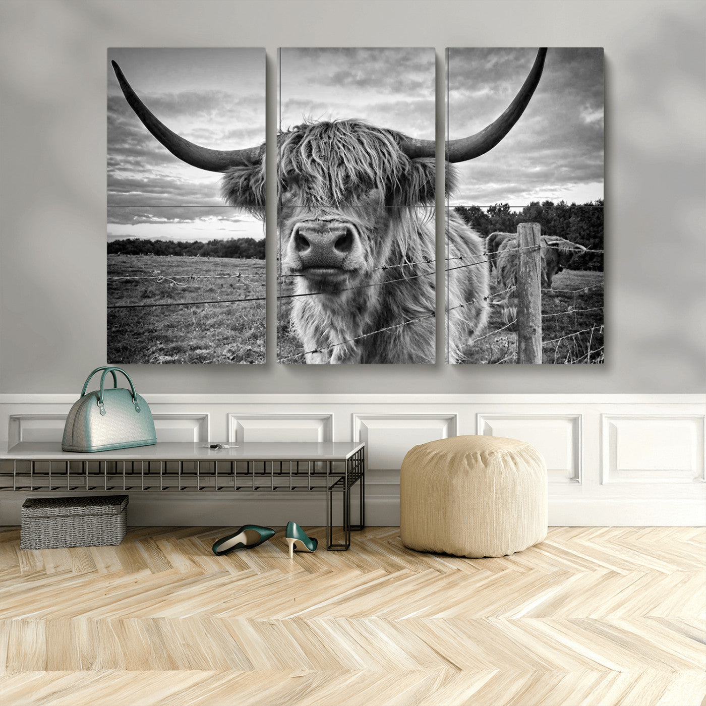 MGV-CV-48X32-3P - Scottish Highland Cow Wall Art Canvas Print | Ready to Hang and Framed | Rustic Farmhouse Decor