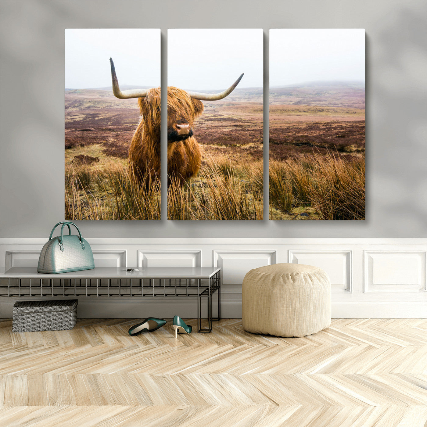 97274-MGV-CV-48X32-3P-Scottish Highland Cow Canvas Wall Art – Rustic Farmhouse Charm with Highland Cattle – Ready to Hang