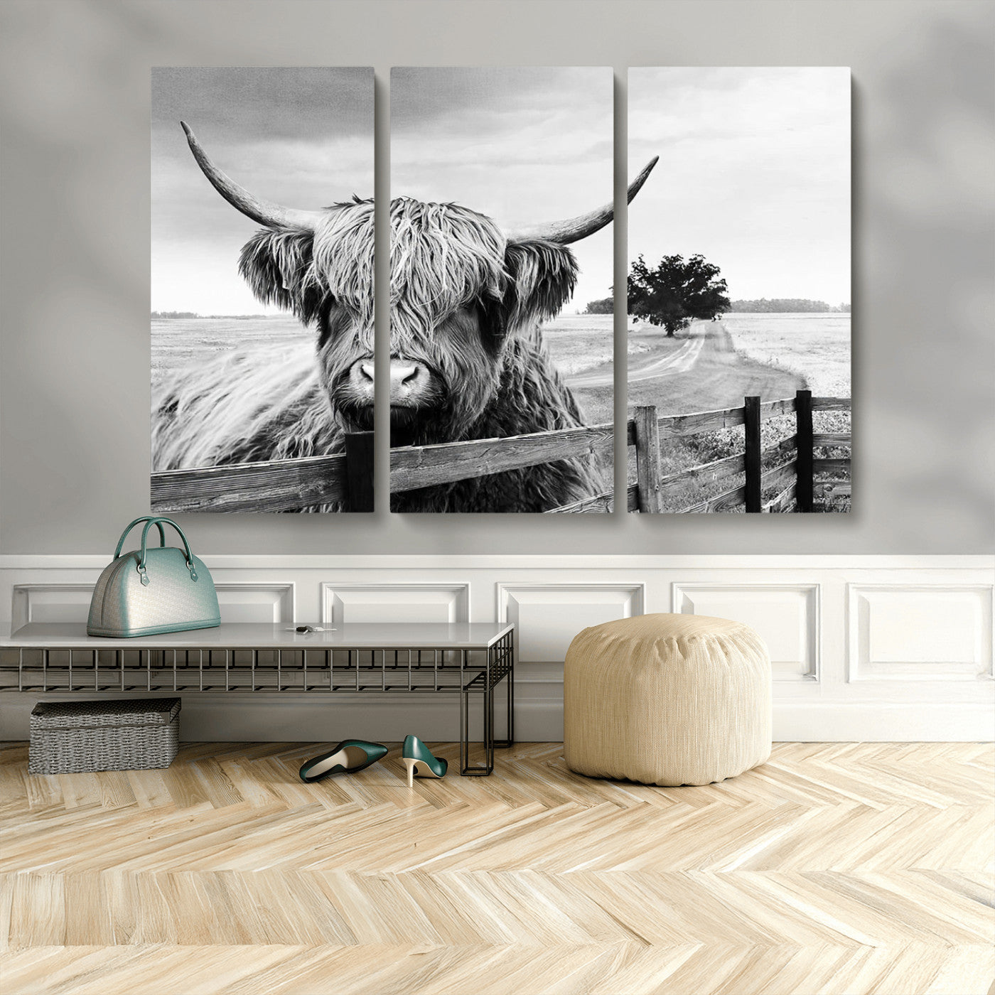 MGV-CV-48X32-3P - Scottish Highland Cow Wall Art | Rustic Farmhouse Décor | Black and White Ready to Hang Canvas Print