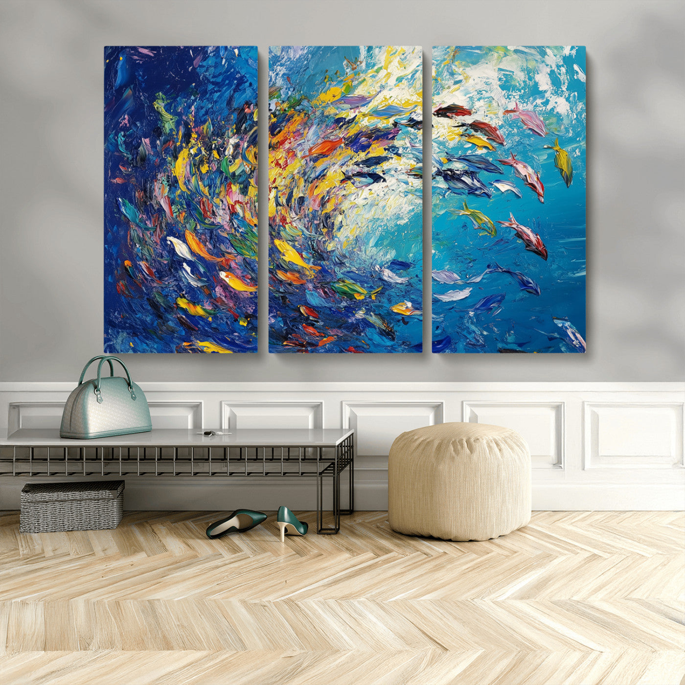 MGV-CV-48X32-3P - Colorful Swirling Fish School Wall Art Canvas Print | Oceanic Abstract Painting | Ready to Hang |
