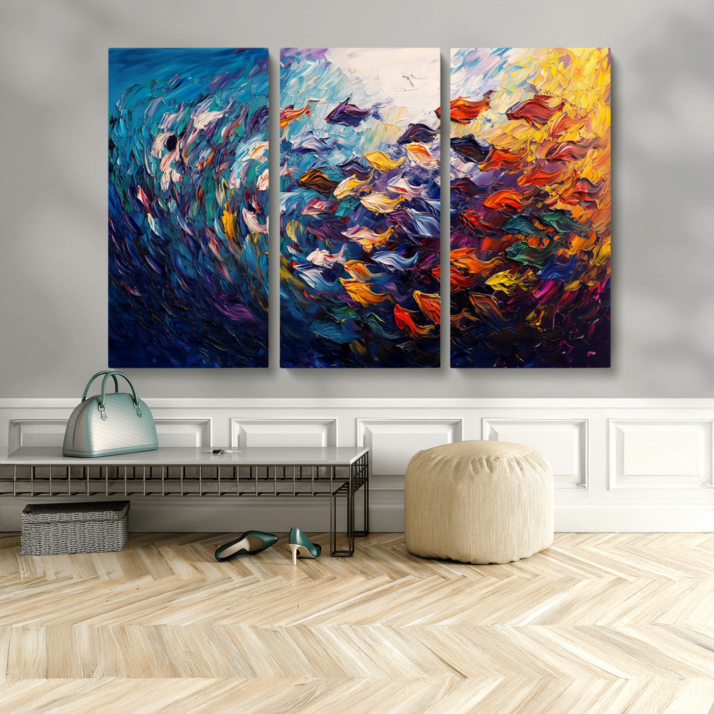 MGV-CV-48X32-3P - Vibrant Abstract Fish Swarm Art – Colorful Fish Inspired 3-Piece Canvas Wall Art for Living Room or
