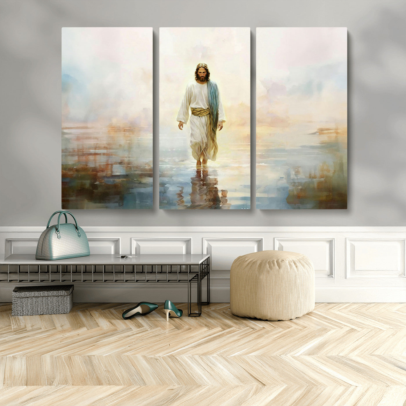 MGV-CV-48X32-3P - Framed Jesus Walking on Water Wall Art - 3-Panel Christian Canvas Prints, Religious Artwork for