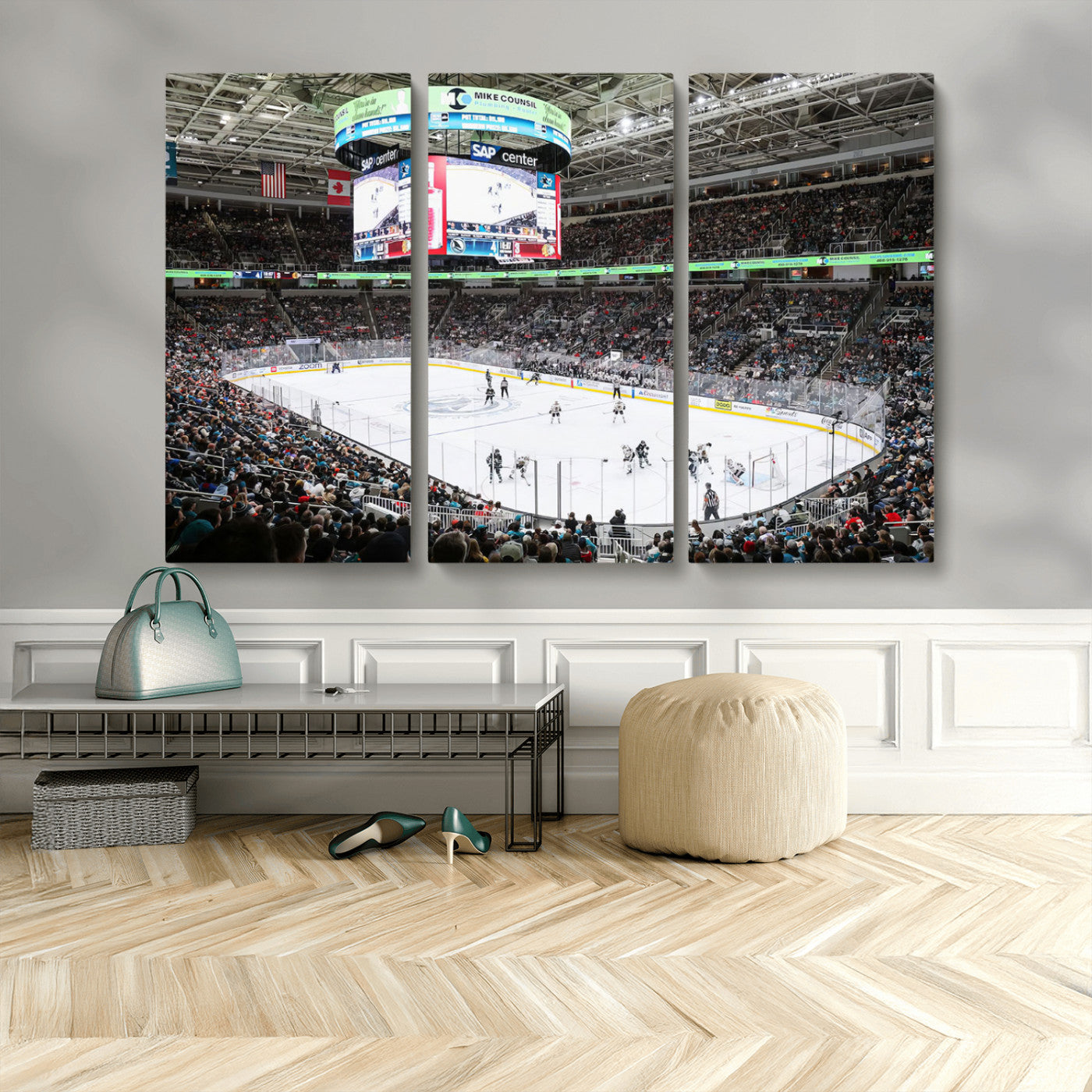 MGV-CV-48X32-3P - Sharks Arena Blackhawks Sharks Ice Hockey Stadium Wall Art Canvas Print, Framed Blackhawks Sharks