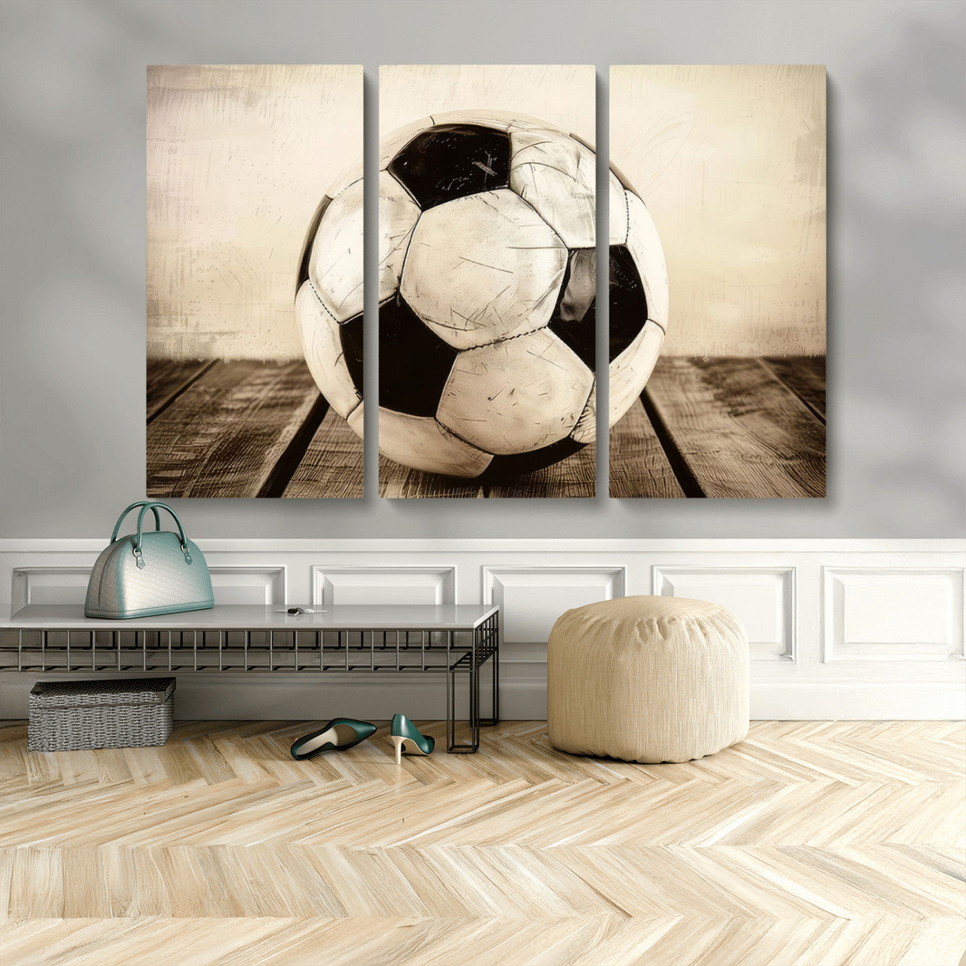 MGV-CV-48X32-3P - Vintage Soccer Ball Wall Decor Canvas Art – 3-Panel Soccer Wall Decor, Framed and Ready to Hang