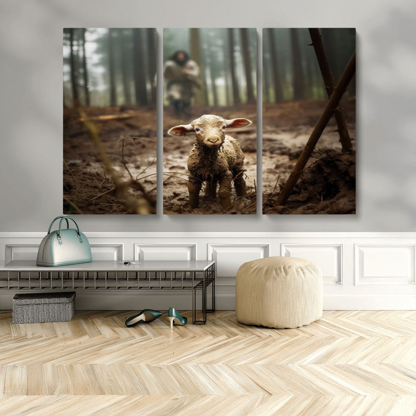 MGV-CV-48X32-3P - Jesus Running After a Lost Lamb Canvas Wall Art Print