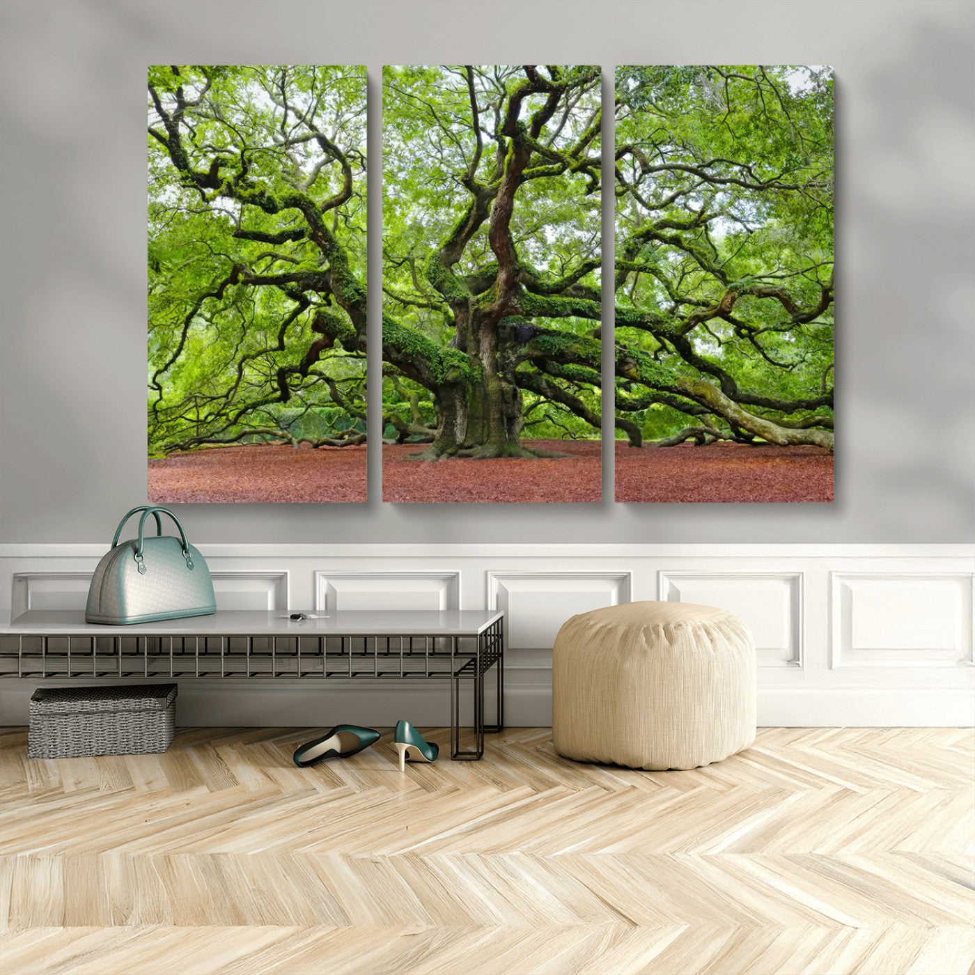 MGV-CV-48X32-3P - Framed Angel Oak Tree Wall Art - 3-Panel Canvas Prints, Large Green Nature Artwork, Ready to Hang