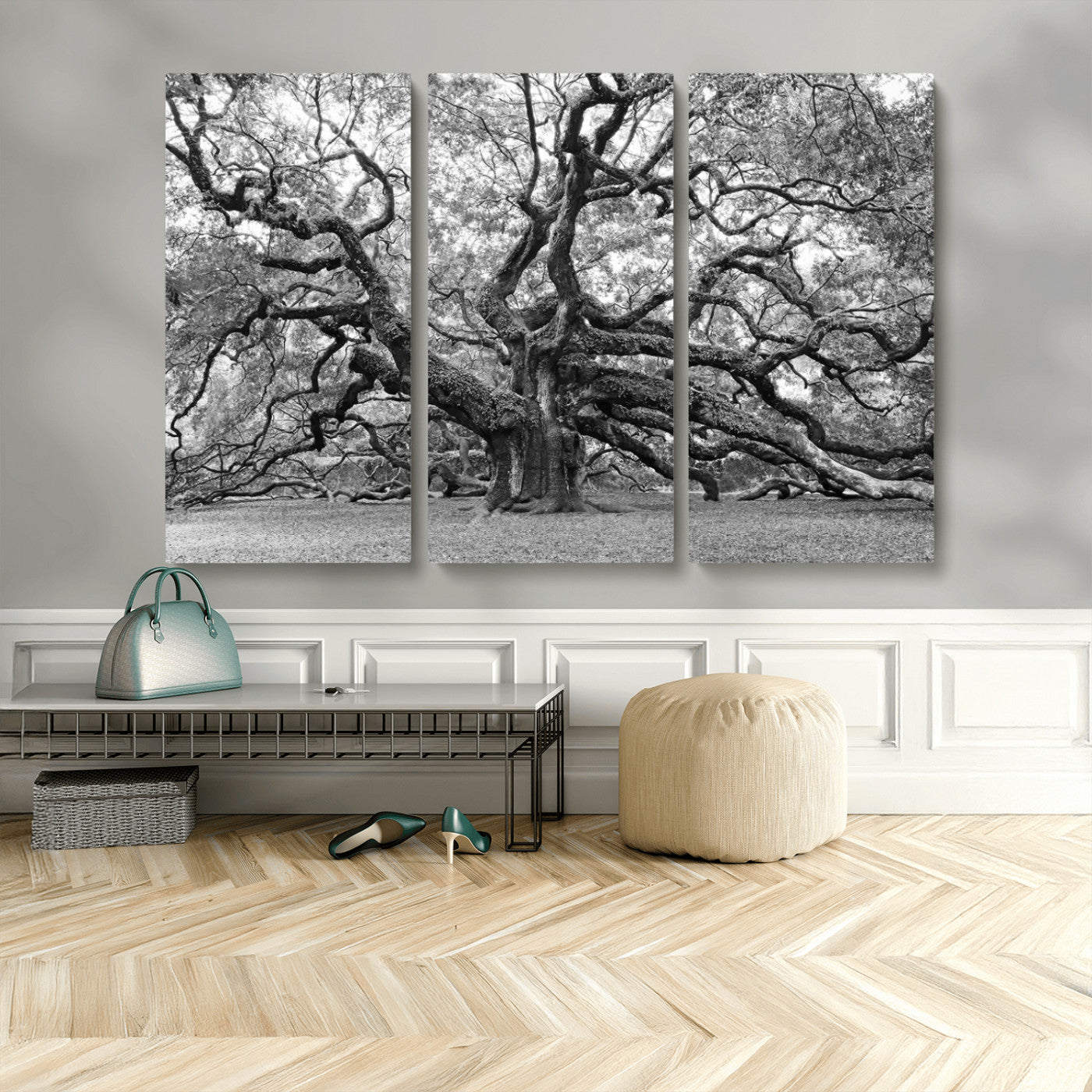 MGV-CV-48X32-3P - Black White Angel Oak Tree Wall Art - Timeless Nature-Inspired Canvas for Rustic, Modern, or
