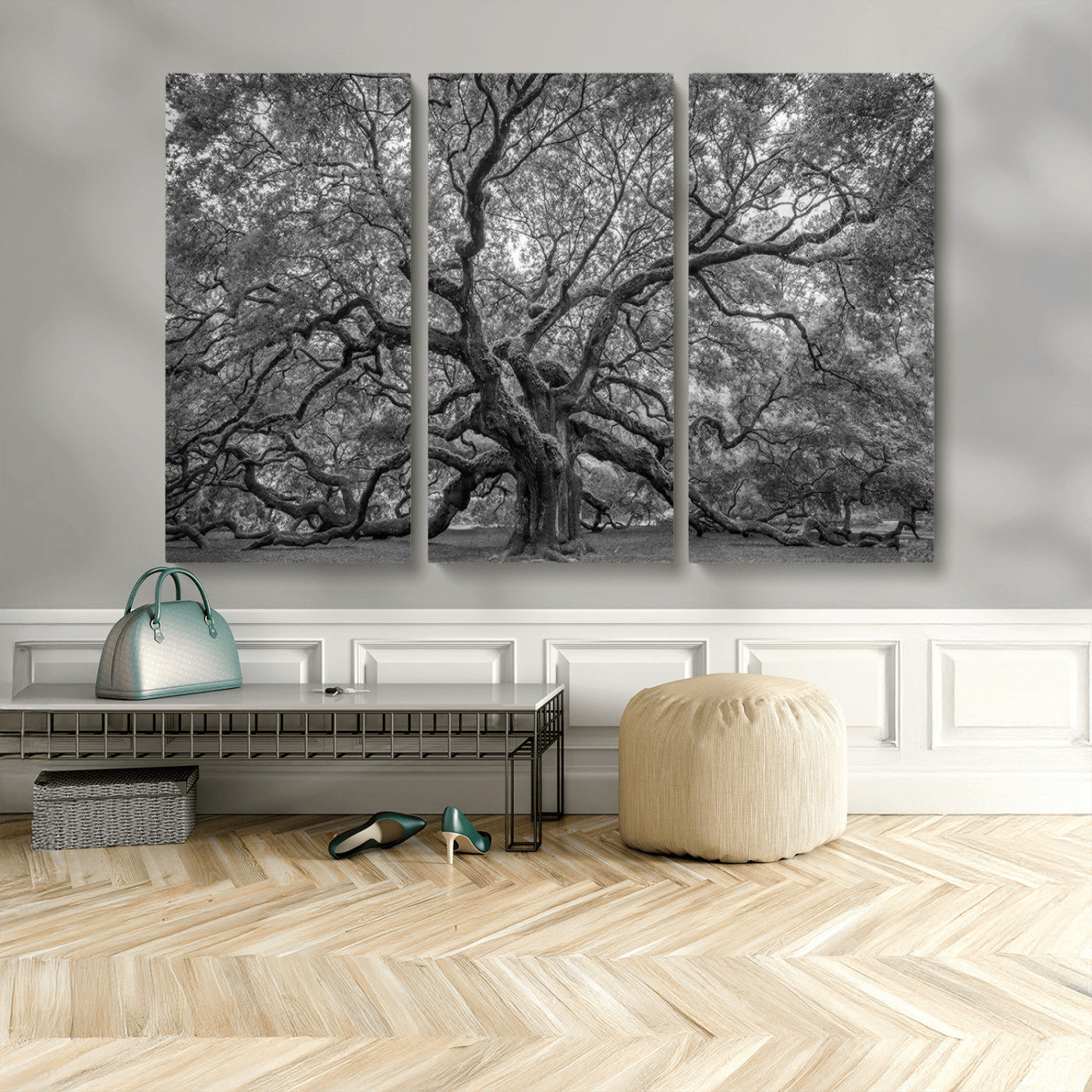 97240-MGV-CV-48X32-3P-Majestic Angel Oak Tree Black and White Canvas Print – Multi Panel Wall Art, Giclée Print, Ready to
